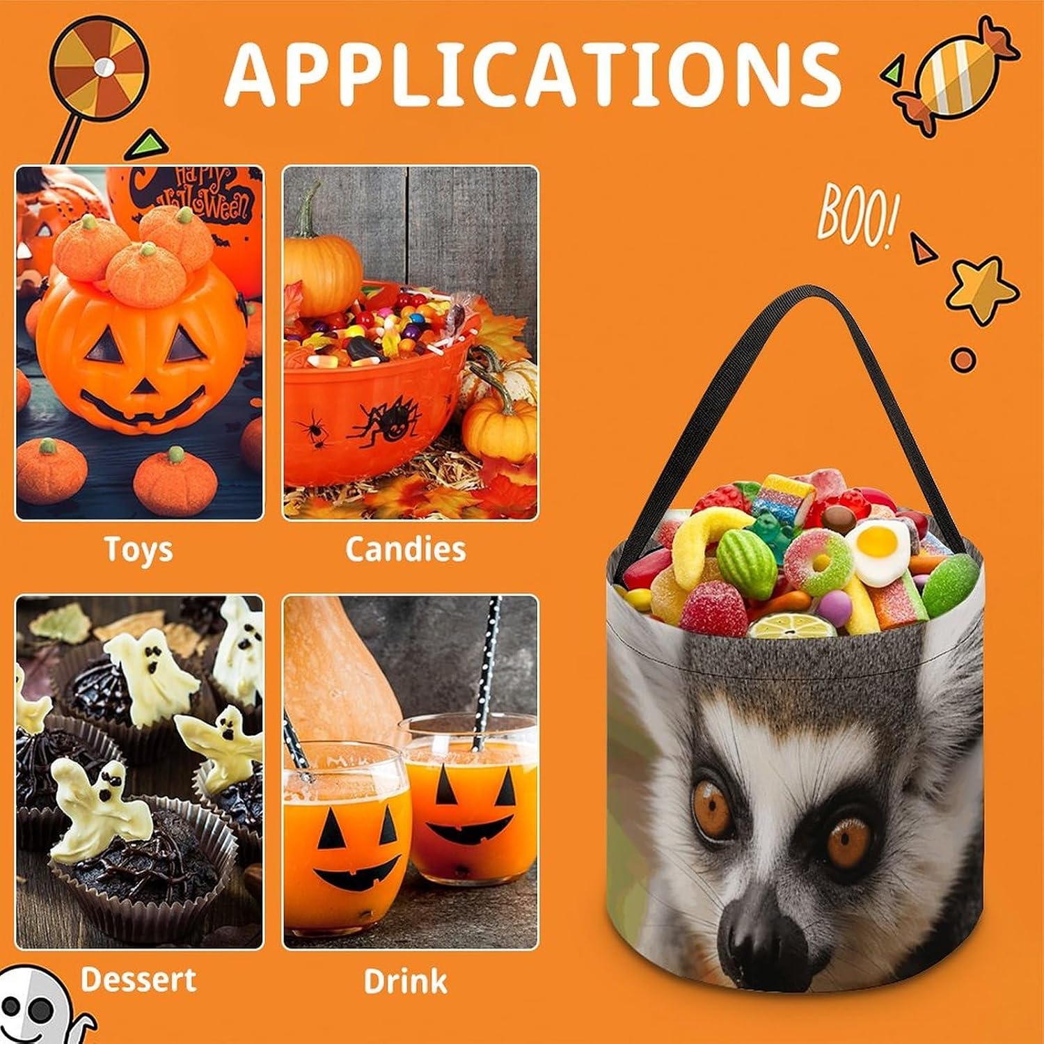 Reusable Monkey Lemur Cute Halloween Candy Bucket with Handle image 3