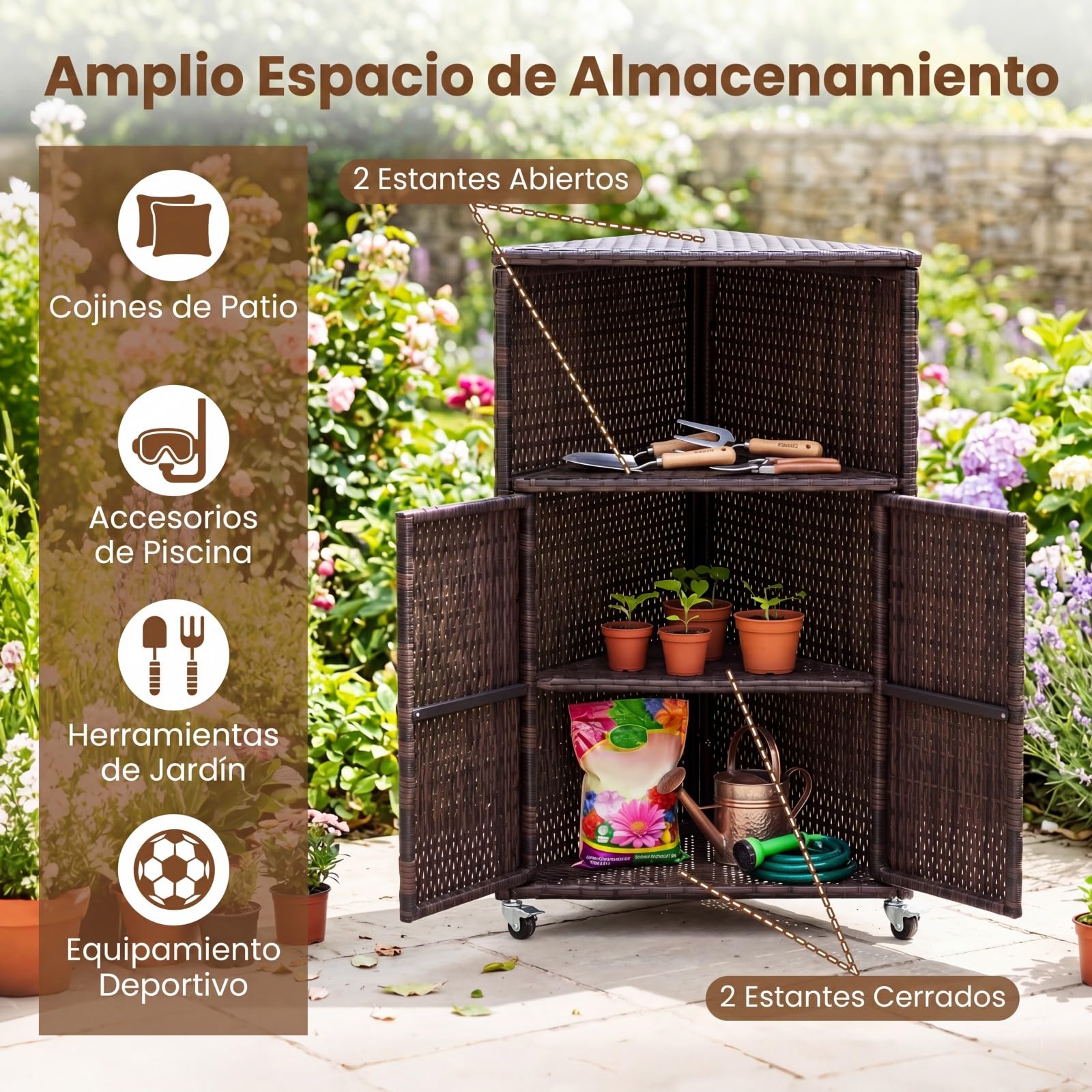 COSTWAY Armario de Ratán para Exterior, Mueble de Almacenamiento con Ruedas, Compartimento Abierto, Armario de 2 Niveles con Puertas, Aparador Rodante para Patio, Jardín, Terraza