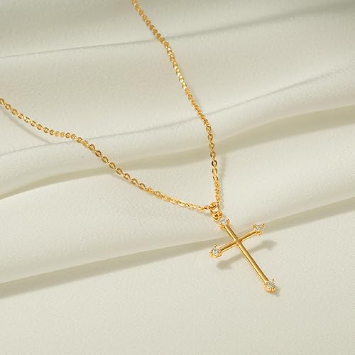 Miniatura 5 de Fettero Collar con dije de cruz para mujer, chapado en oro de 14 quilates, collar de cadena ajustable, delicado collar de fe simple, collar con