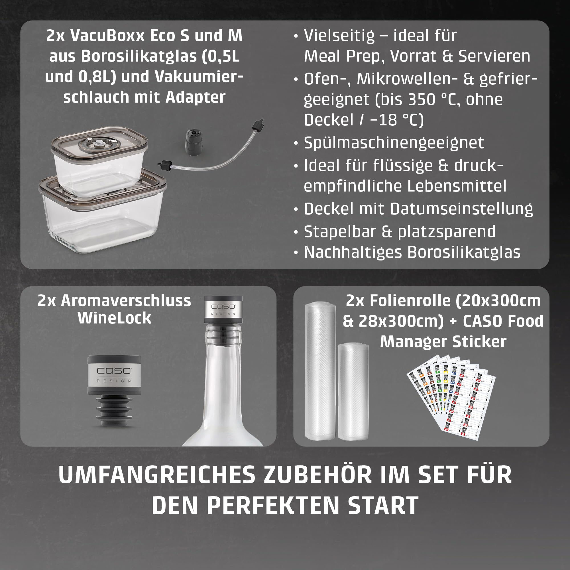 CASO VRH 700 advanced Pro Vakuumierer Testsieger, 150 Vakuumiervorgänge nonstop, doppelte Schweißnaht, 20 Liter/Min, Cutter, inkl. 2 Profi- Folien, inkl. 2 VacuBoxxen, inkl. 2 Aromaverschlüssen