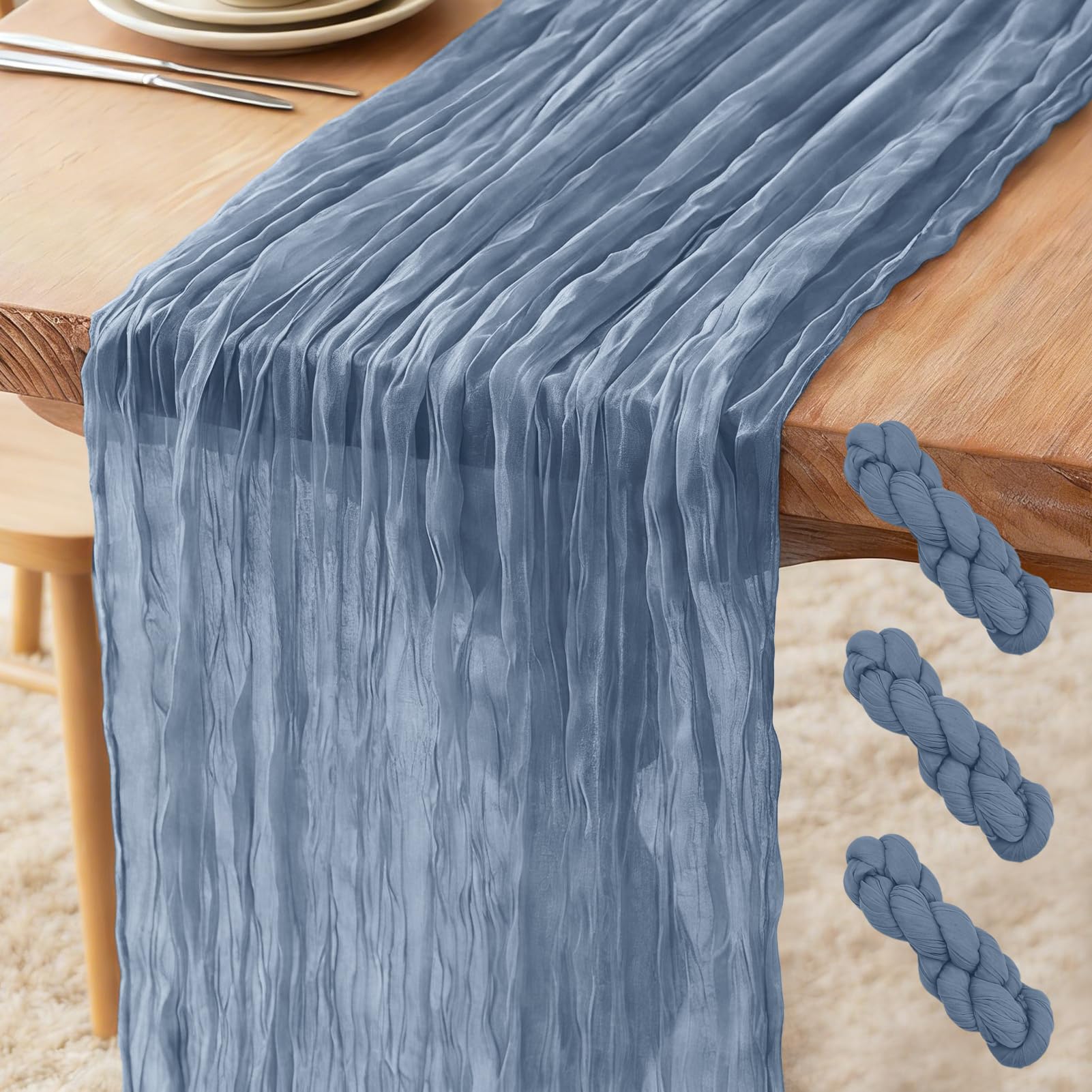 3 Pack Cheesecloth Table Runner Dusty Blue, 300 x 90 CM Bohemian-style Gauze Rustic Gauze Fabric Tablecloth for Wedding, Parties, Christmas and New Year's Eve Table Decoration