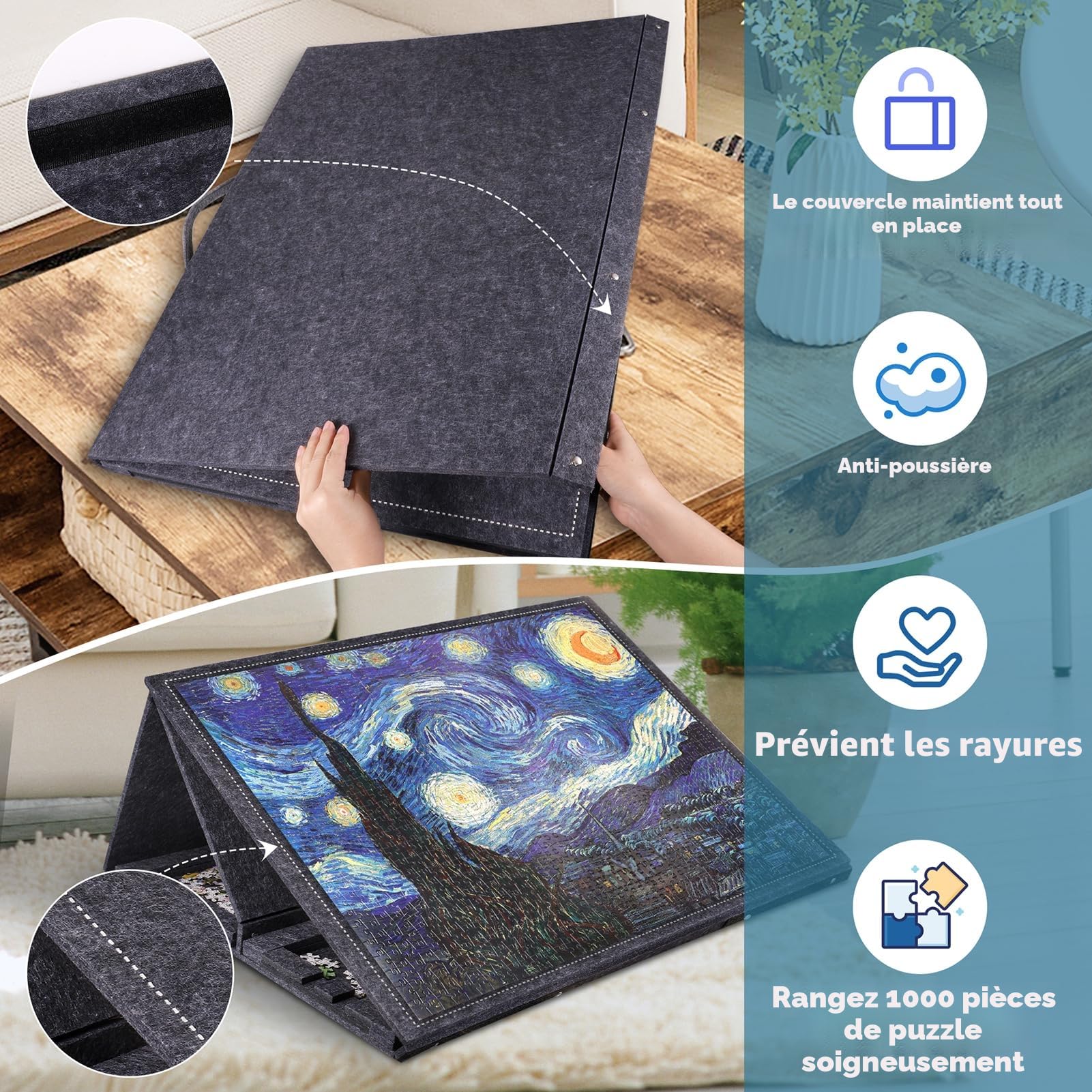 Pllieay Tapis Puzzle Table Plateau de Puzzle avec 6 Tiroirs de Tri, Support Réglable et Couvercle Protecteur pour 1000 Pièces