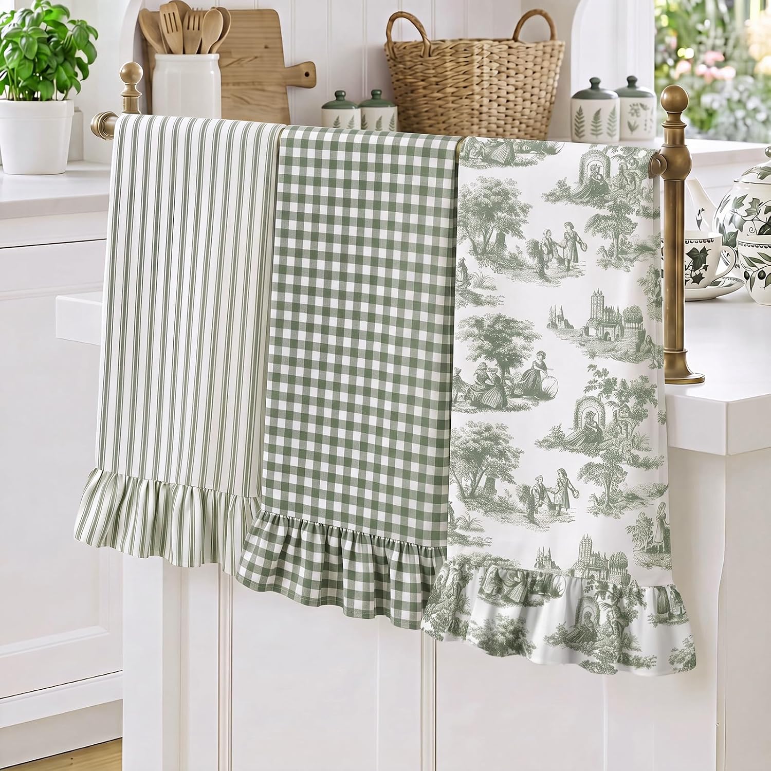 Irenare 3 Pack Sage Green Kitchen Towels with Ruffles French Country Towel