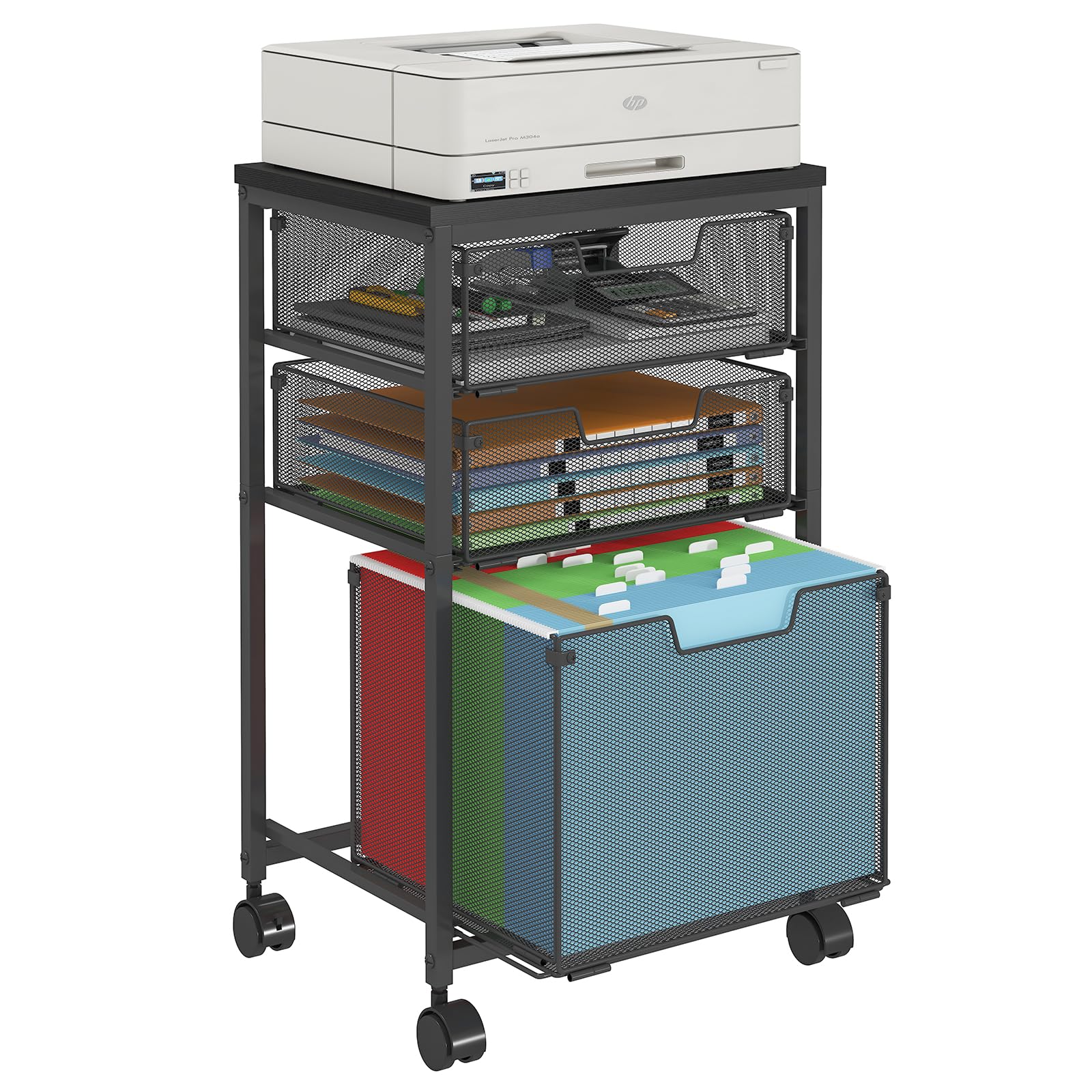 Rolling File Cart with 3 Drawers, Under Desk Storage Mobile Filing Cabinet for Home Office, Hanging File Folders Organizer, Utility Cart with Wheels, Printer Stand, Black