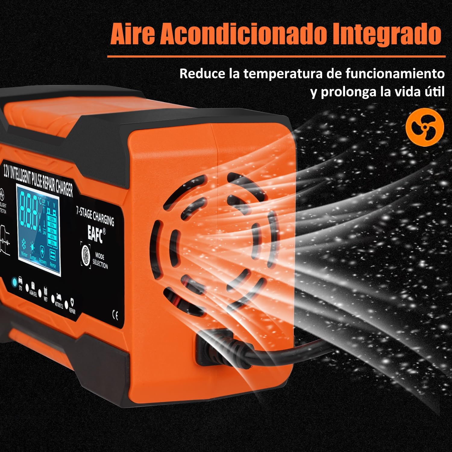 12A Cargador Baterias Coche Inteligente 12V, Mantenedor Bateria Moto para Baterías de Plomo-ácido, STD, AGM, Gel, SLA, Cable de 2m, Control Táctil, Compensación de Temperatura