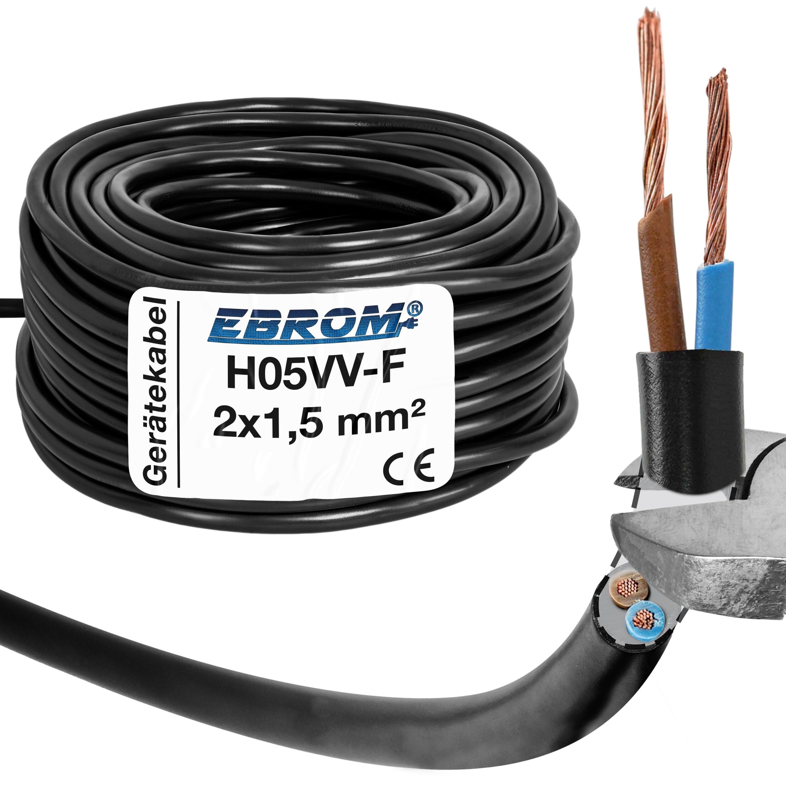 EBROM H05VV-F 2 x 1,5 mm² Cable de Plástico Redondo de Alimentación Negro