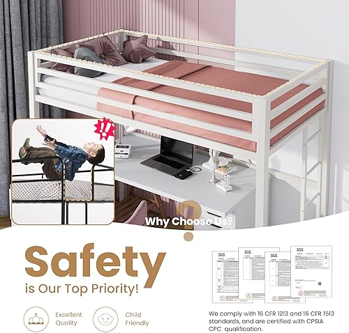 Miniatura 7 de SHA CERLIN Cama alta de metal tamaño individual, base de cama individual tipo loft resistente con barandilla de longitud completa y escaleras