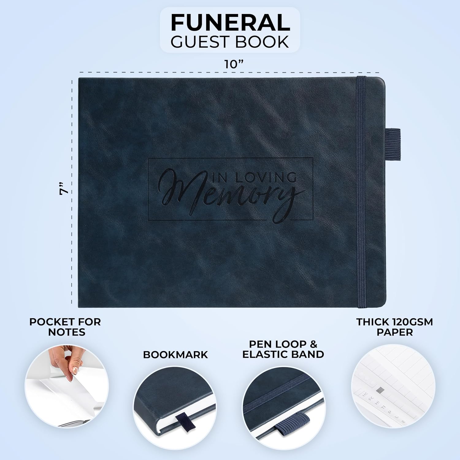 Clever Fox Funeral Guest Book for Memorial Services – in Loving Memory Guest Sign in Book for Funeral Service, Hardcover 10x7” (Dark Blue)