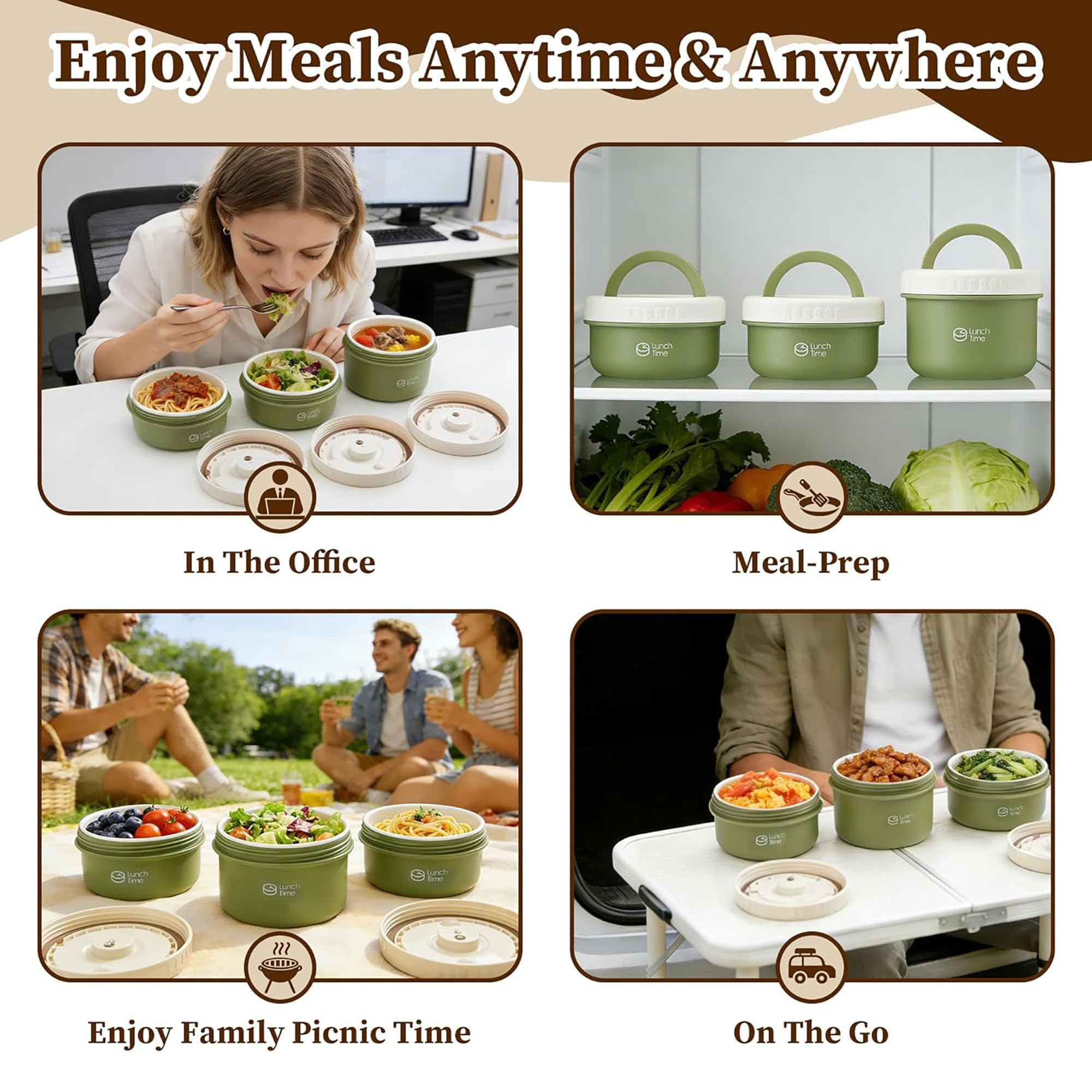 Ceramica Scatola Pranzo Contenitore Termico, Contenitore Termico per Pranzo Forma Rotonda per Conservazione Degli Alimenti Scatole Picnic per pasti fuori casa, lavoro, scuola,Brown-4 pieces