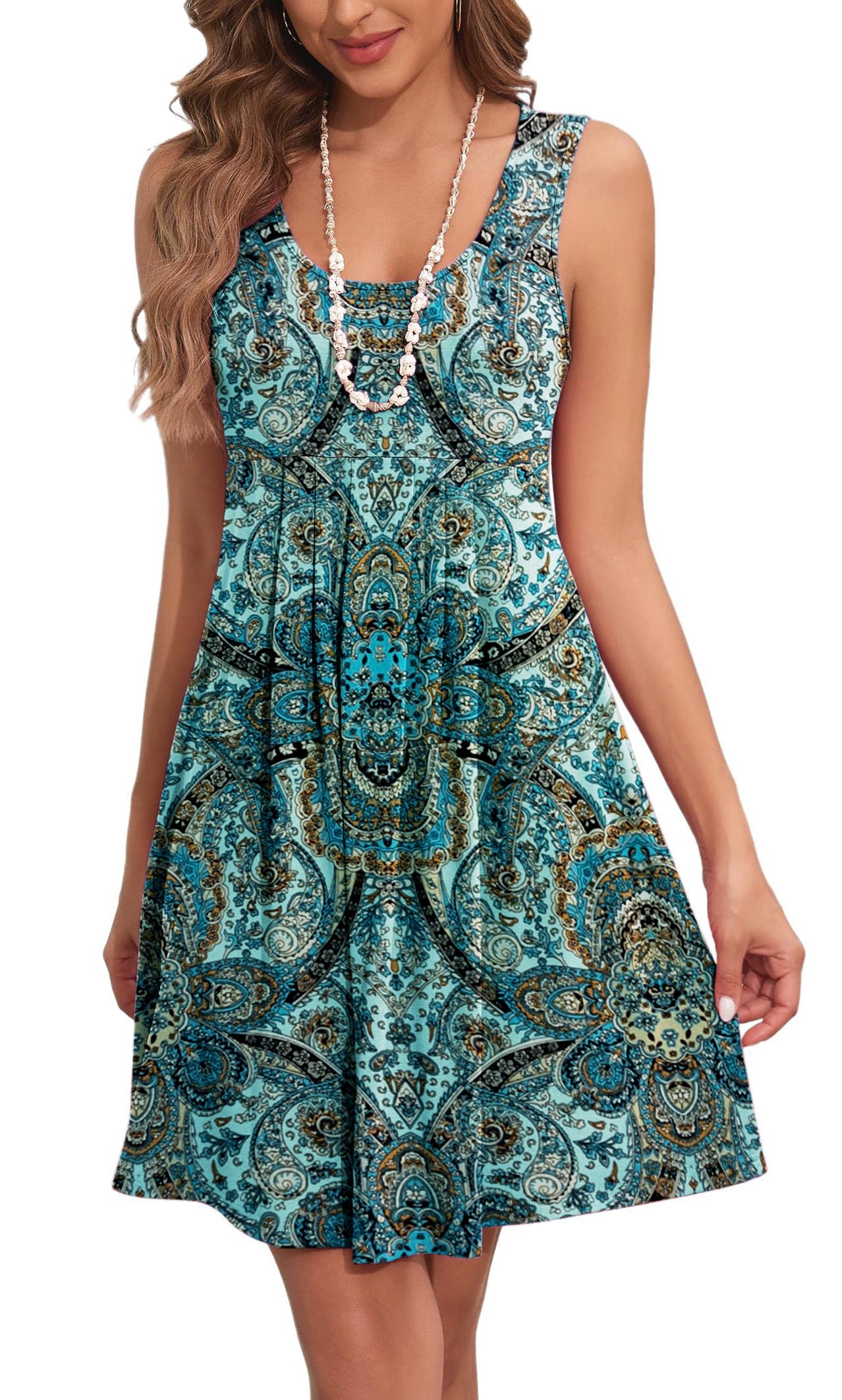 Arevill Zomerjurk voor dames, licht, boho, tankjurk, mouwloos, ronde hals, bloemen, casual, strandjurk, vrijetijdsjurk, mini-jurk, groen opdruk, L