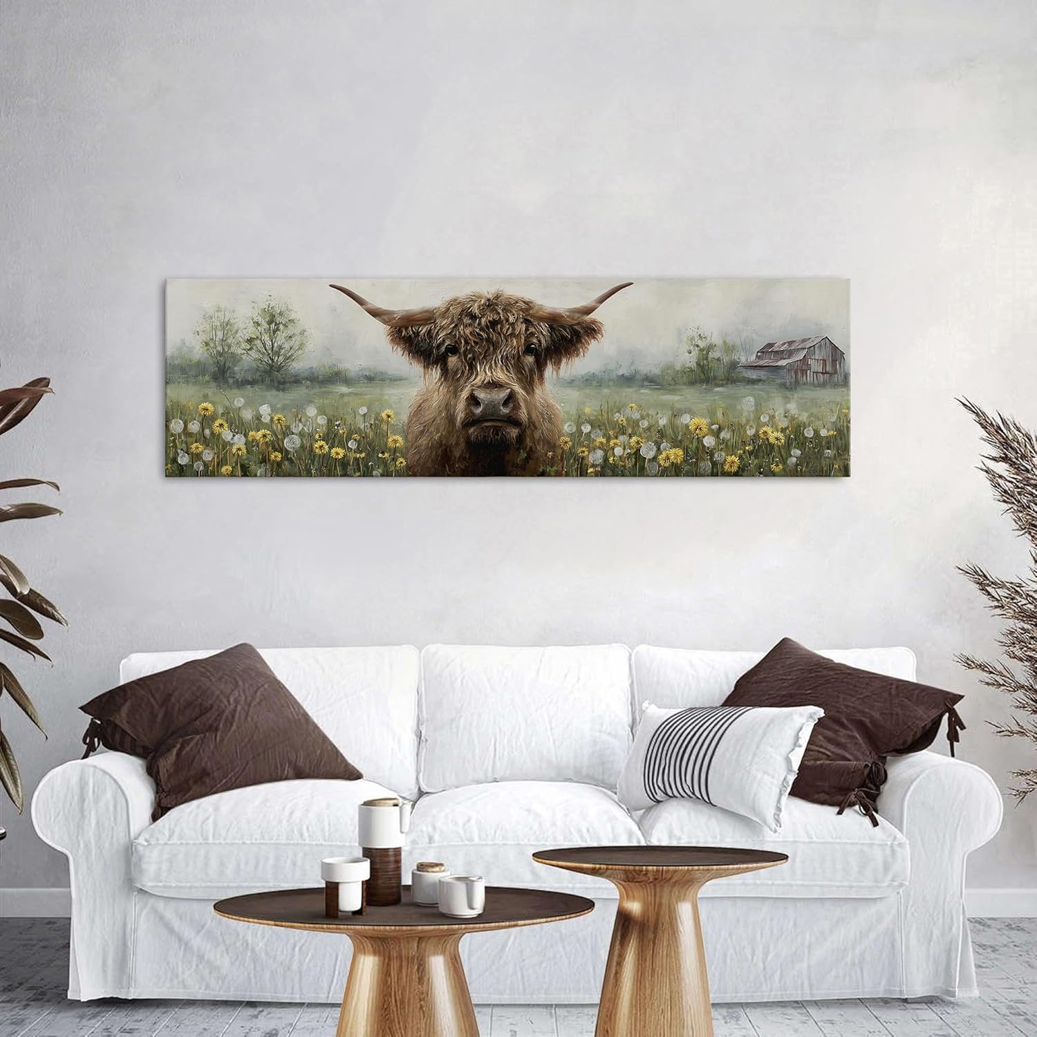 Wildflower Highland Cow Wall Art Farmhouse Country Scenery Picture Barn Dandelion Yellow Flower Wall Decor Western Longhorn Cattle Painting Abstract Floral Poster for Living Room Home Decoration 14x48
