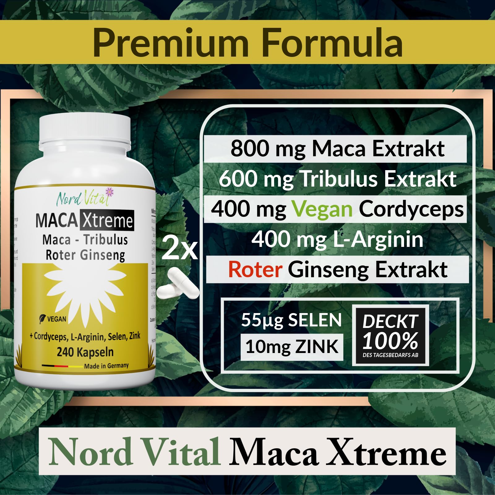 Maca Kapseln mit Ginseng, Cordyceps, L-Arginin und Tribulus Terrestris – ultra hochdosiert – mit Zink und Selen – 240 vegane Kapseln – deutsche Herstellung - hochwertige Rezeptur
