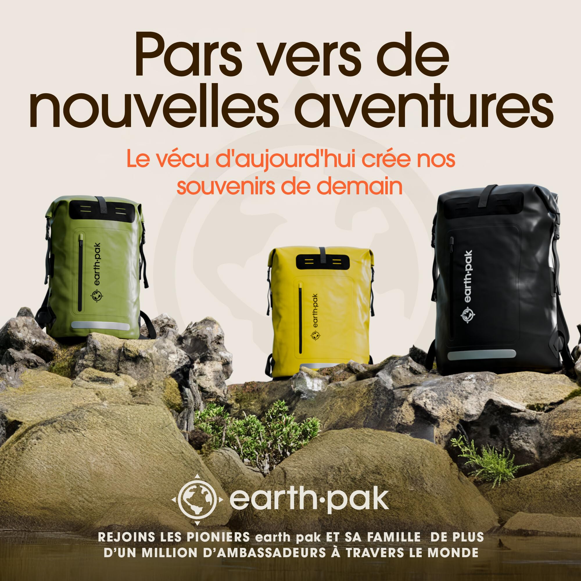 Earth Pak Sac à dos imperméable – Fermeture robuste enroulable avec poche avant zippée facile d'accès et panneau arrière rembourré pour plus de confort avec étui étanche IPX8