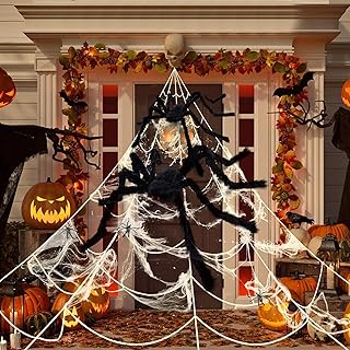 2023 Spider Webs Halloween Decorations with 200" Triangular Huge Spider Web, 2 Giant Spiders, 40ft Stretch Webs, Small Spiders, Hook and Stakes for Halloween Yard Haunted House Décor Indoor & Outdoor