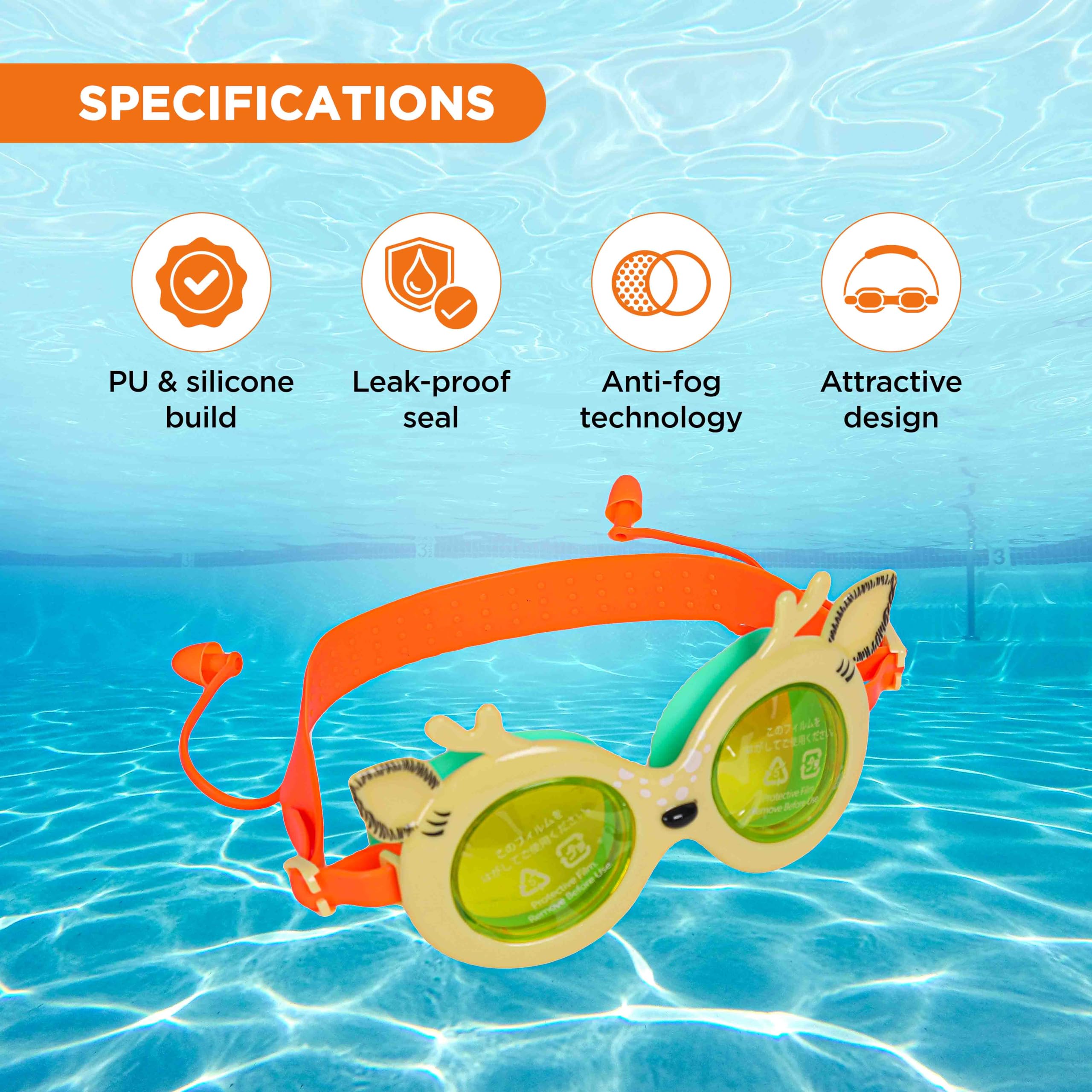 ENDLESS EL1003 Children Swimming Goggle with Anti-Fog and UV Protection | Yellow | Material: Silicon, PU | Attached Ear Buds and Adjustable Strap | Soft Silicone Gasket for Leak Proof | With Hard Case