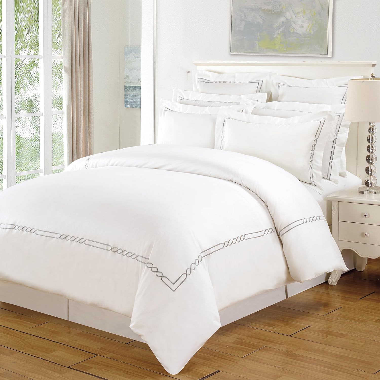 Superior Lorenz Cotton 200 Thread Count Duvet Cover Set, Soft Comforter Covers, Bedroom Essentials, Embroidered Infinity Border, Includes 1 Duvet Cover with Button Closure, 2 Pillow Shams, Full/Queen White - Z Full/Queen