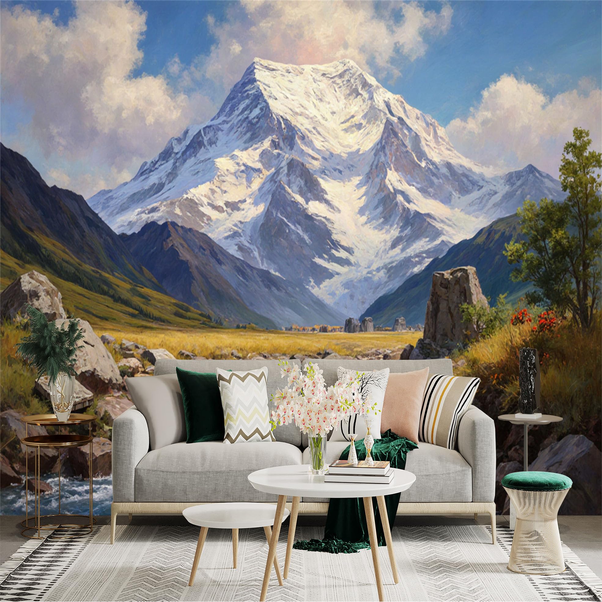 Lnzczhyre Xc260505077 Custom Size Wall Sticker Mural， Snowy Mountain Peak， Flowing River， Rocky Alpine Landscape， Natural Valley Scenery， For Wall Decoration， Peelandstick Wall Decals.