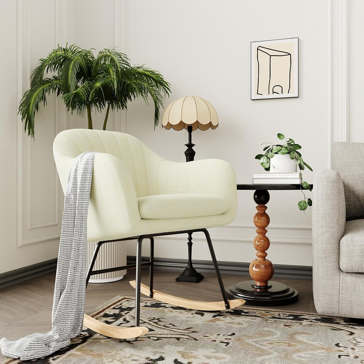 Modern Upholstered Glider Rocker Chair - Ergonomic Nursery Rocking Chair with Rubber Wood Legs, Soft Cushion & Armrests, 350 LBS Capacity for Nursery, Living Room, Bedroom & Office, Beige