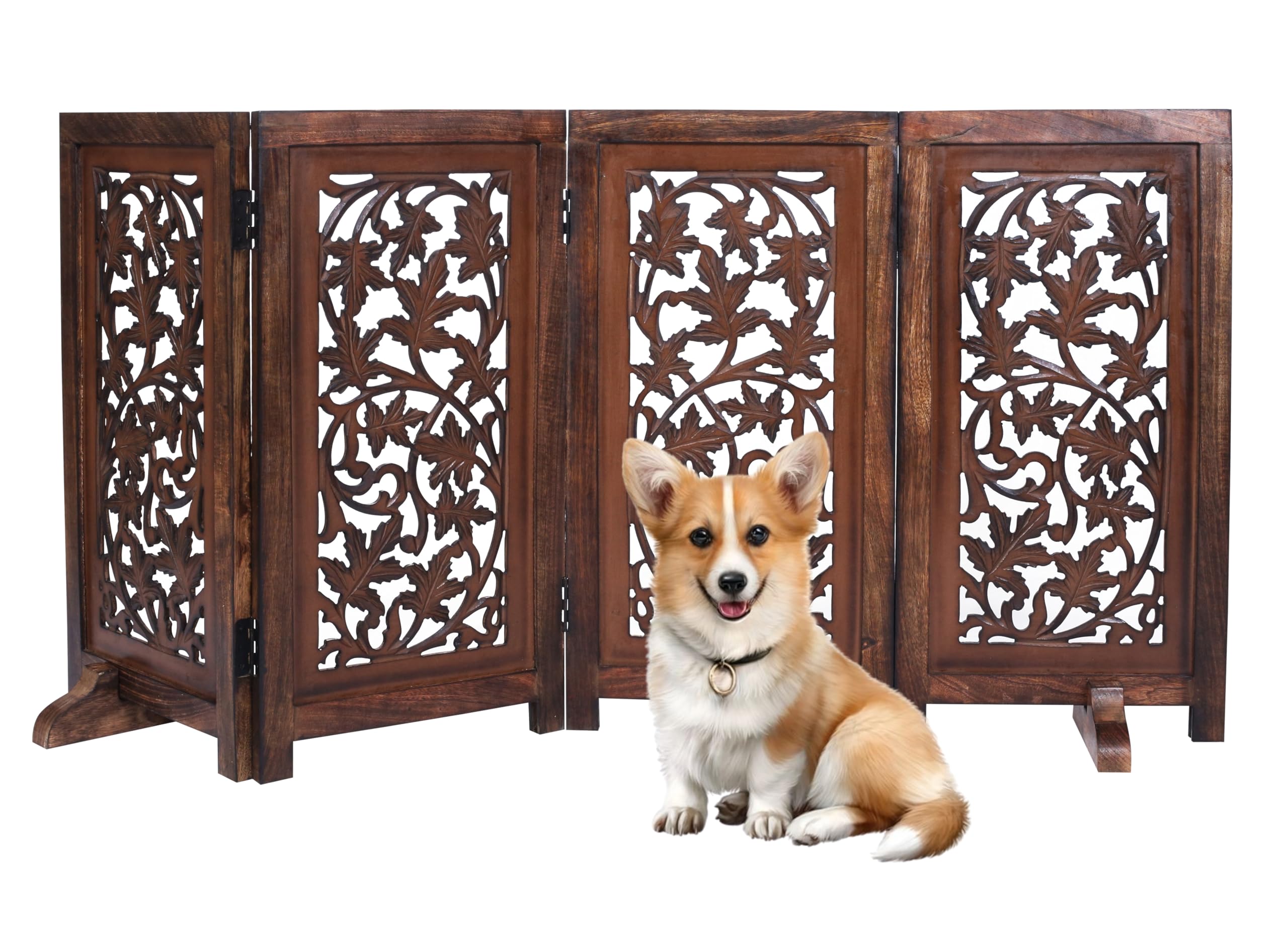Folding Dog Gate for Indoor Use, 4 Panel Free Standing Wooden Pet Barrier, 56x28 Inch Decorative Lucy Design Dog Fence for Doorway, Stairs, or Hallway