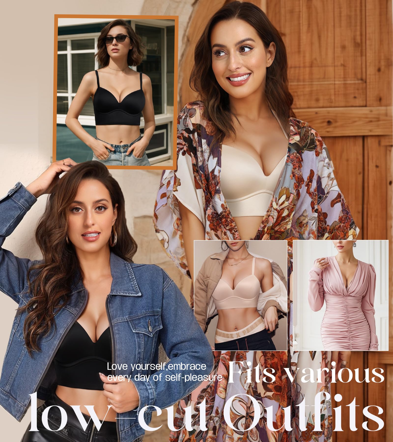 Lemorosy Sujetador push up sin aros para mujer, multidirección, convertible, escote en V, sin aros, acolchado, cómodo, brasier tipo camiseta