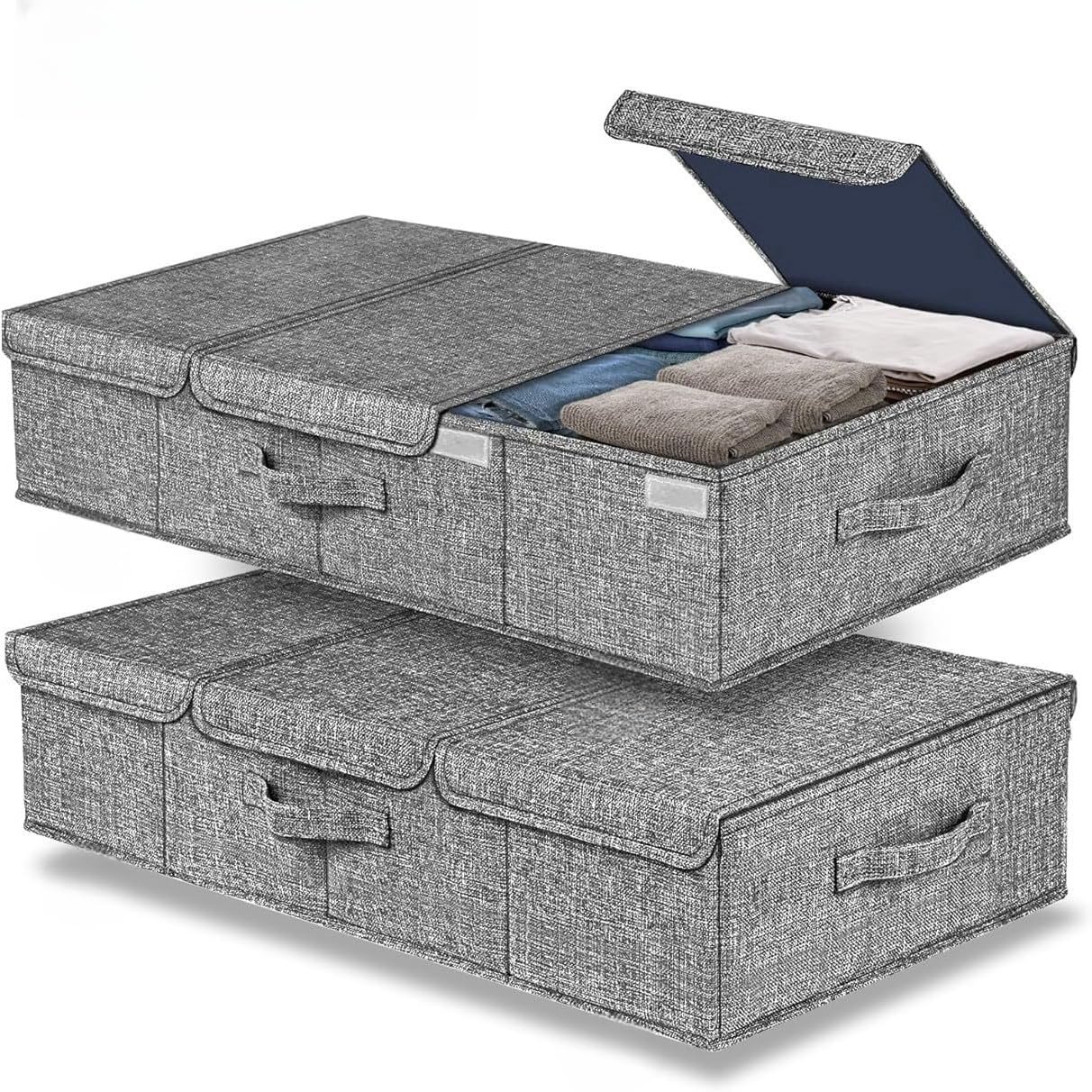 2 Stück Faltbare Unterbett Aufbewahrungsbox mit Deckel, 45L Bettkasten Aufbewahrung mit Griff, Organizer für Kleidung und Decken, 14.5CM Hoch (81x 40 x14.5 cm)