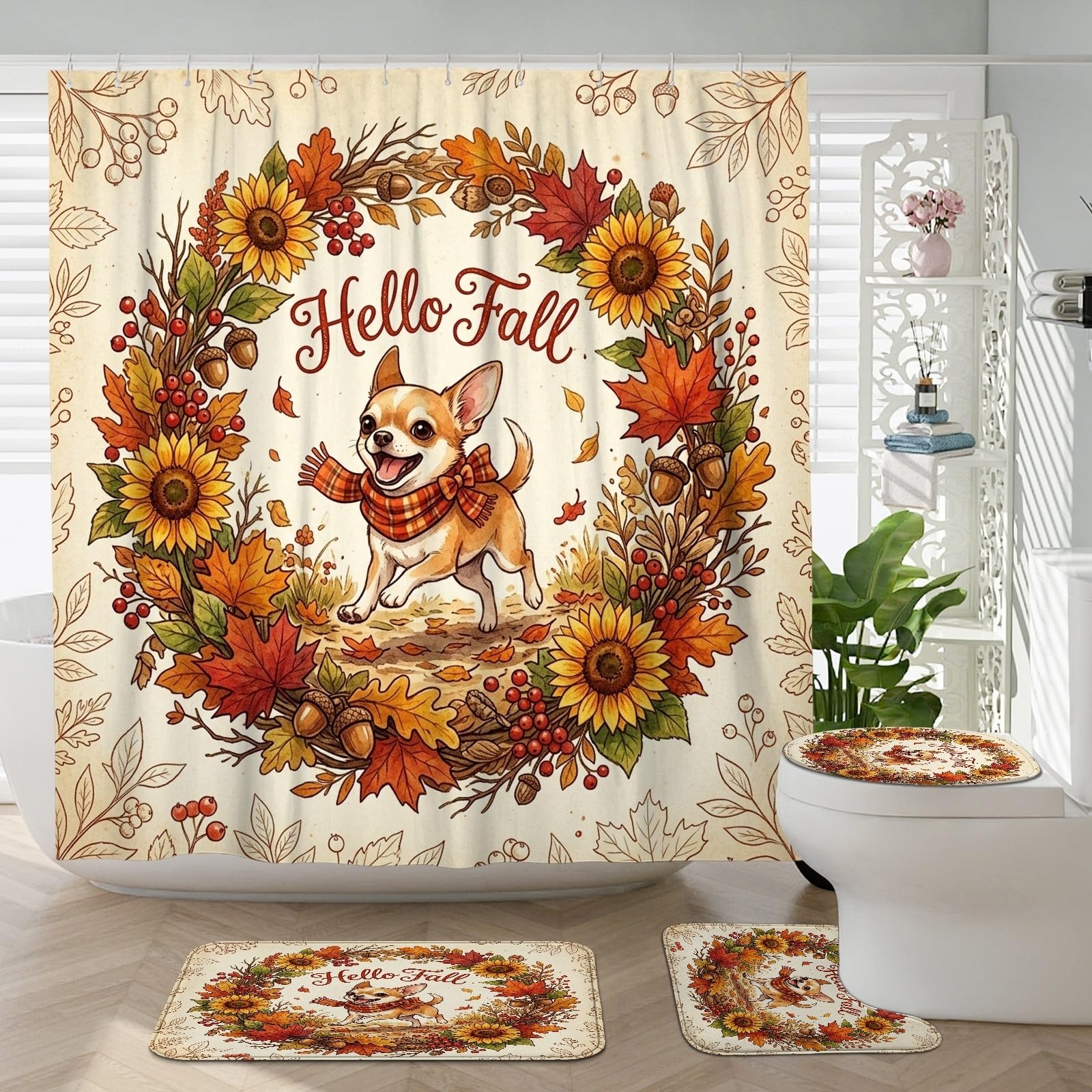 Tapis de salle de bain chihuahua d'automne et set de WC pour une déco vintage cosy