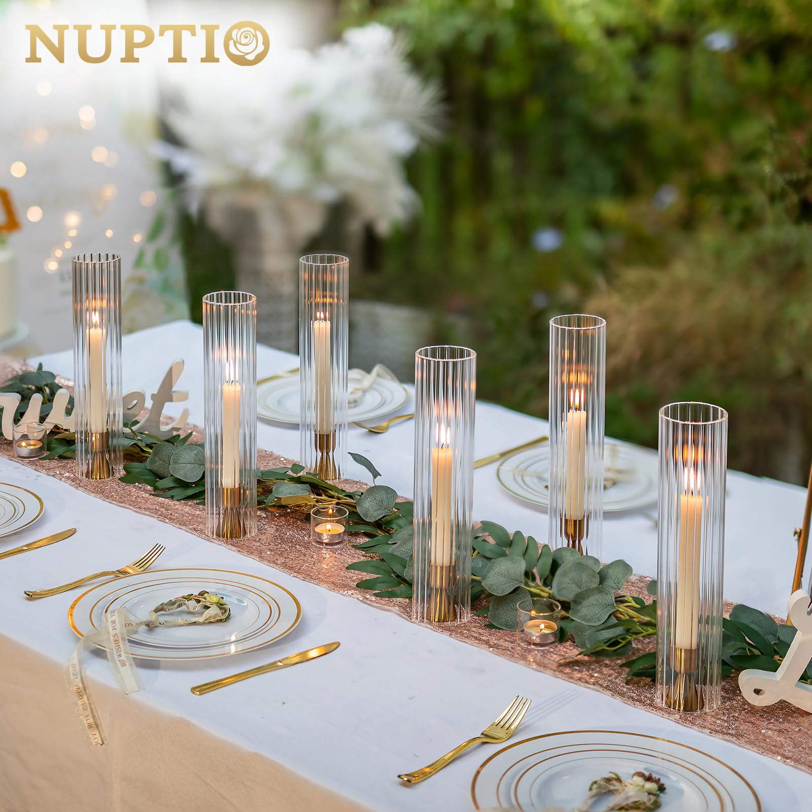NUPTIO Glazen Orkaan Kandelaar: 6 Stuks 30cm Hoge Kandelaar Goud