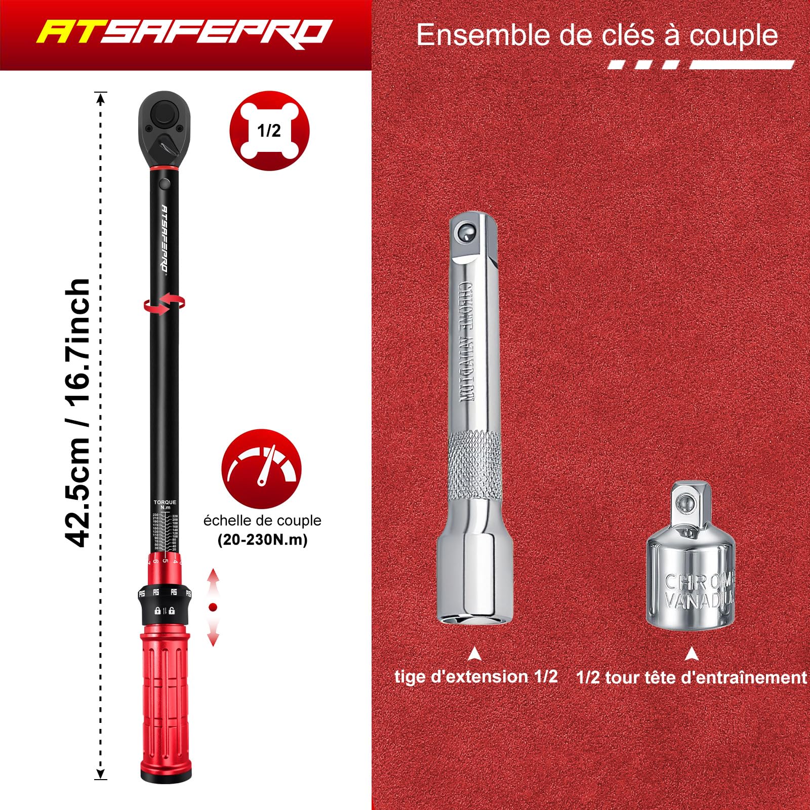 ATsafepro Clé Dynamométrique 1/2" 20-230 Nm,avec Adaptateur 1/2" à 3/8" et Barre d'Extension 125 mm,Précision ±3% 72 Dents pour Voiture, Moto, Camion