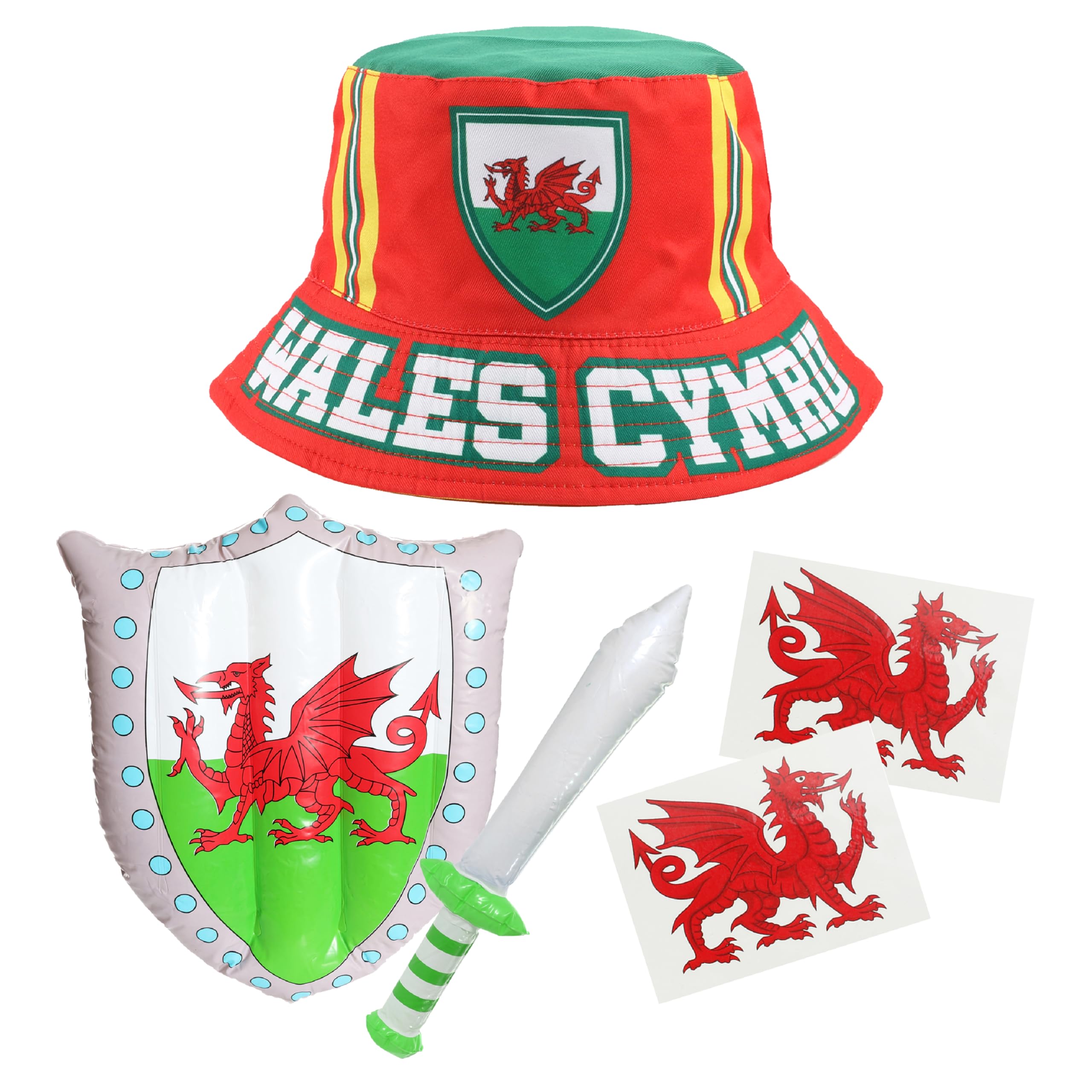 Wales Bucket Hat, Sword & Shield and Tattoos - Red Bucket Hat with Welsh Dragon, Inflatable Wales Flag Sword and Shield and Welsh Flag Tattoos - World Cup Sports Supporter Fancy Dress Accessories