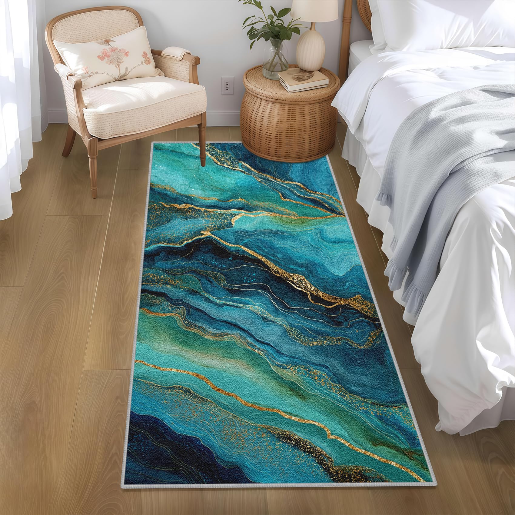 Generisch Türkis Abstrakt Marmor Teppich Läufer 80x200, Modern Luxus Marmor Textur Läufer Flur für Küche Schlafzimmer Wohnzimmer, Küchenläufer Waschbar rutschfest, Kurzflor Teppichläufer （TpO155J）