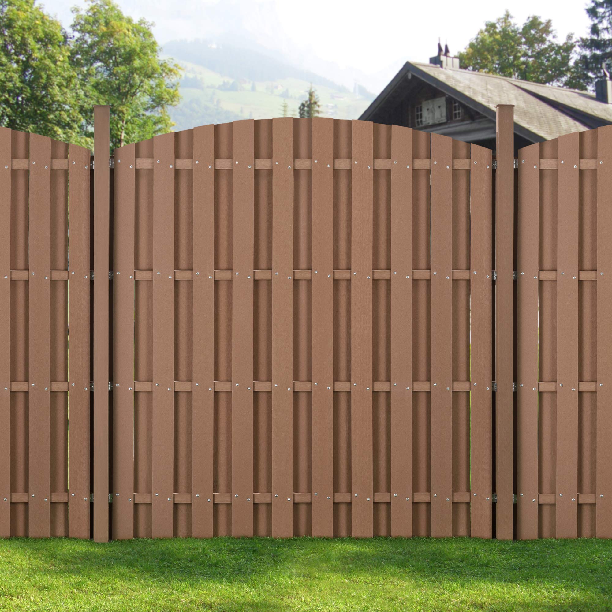 NEU.HOLZ Steccato ad Arco per Giardino Staccionata con Doghe e 2 Colonne in WPC Legno Composito Recinzione a Forma Curva con Base in Acciaio 185 x 193 cm - Marrone