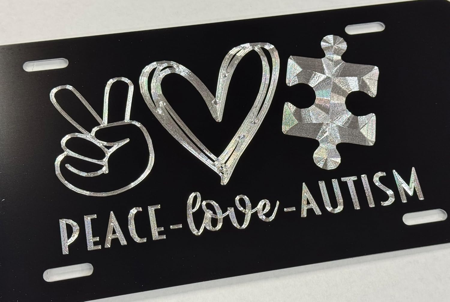 Peace Love Autism Awareness Diamond Etched Engraved License Plate Car Tag