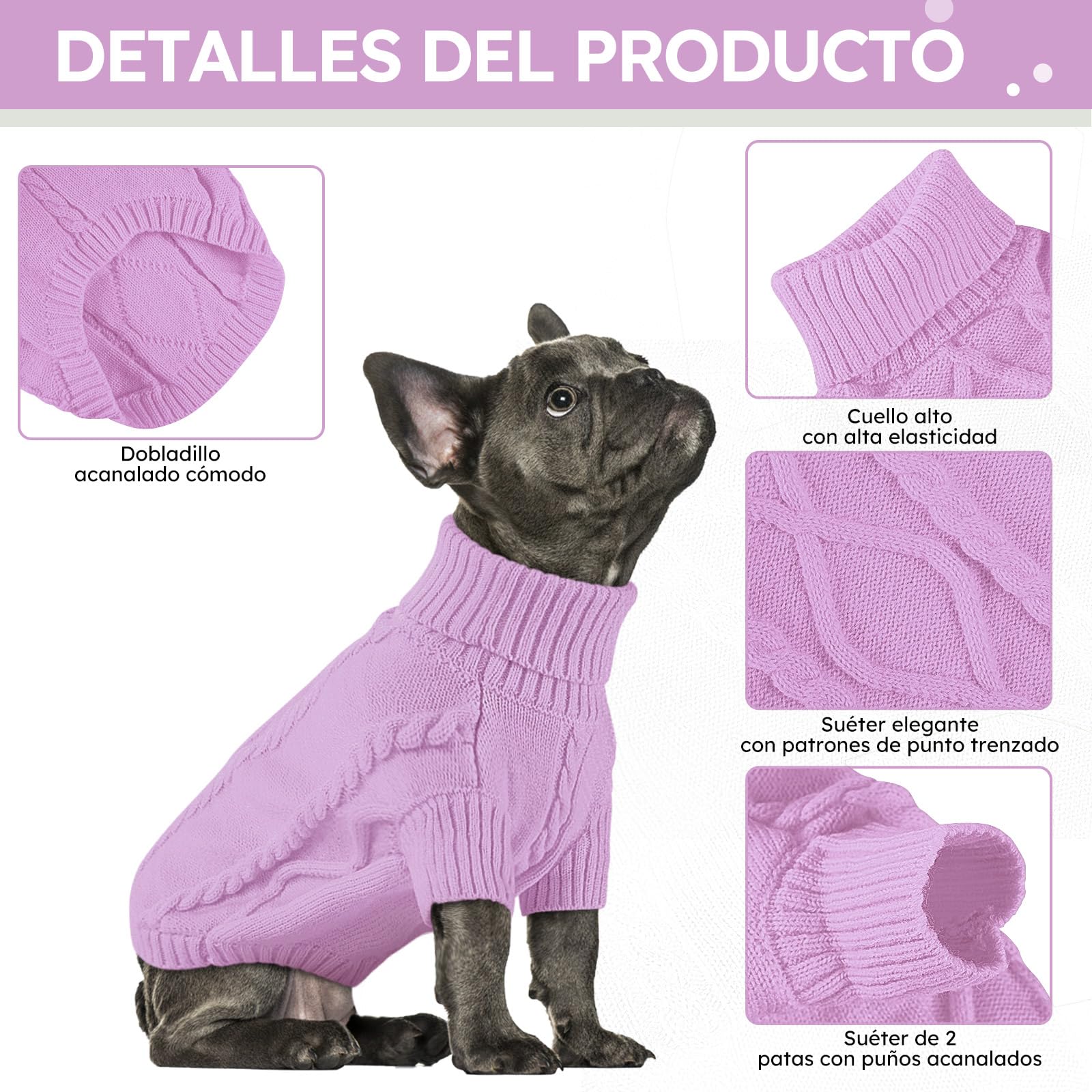 Queenmore Jersey para Perro Grande Bouledogue Francés Cálido Suéter para Perros Suéter Chihuahua Abrigo Teckel Ropa de Invierno para Perro Gato, Lila,XL