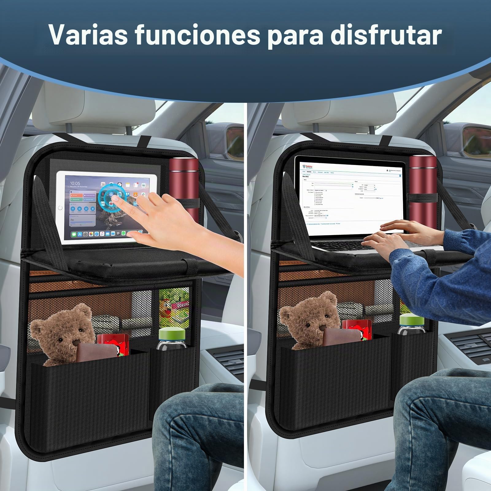 Organizador de asiento de coche, organizador de asiento de coche, protección para respaldo grande, para niños, multifuncional, resistente al agua, organizador de asiento trasero con mesa