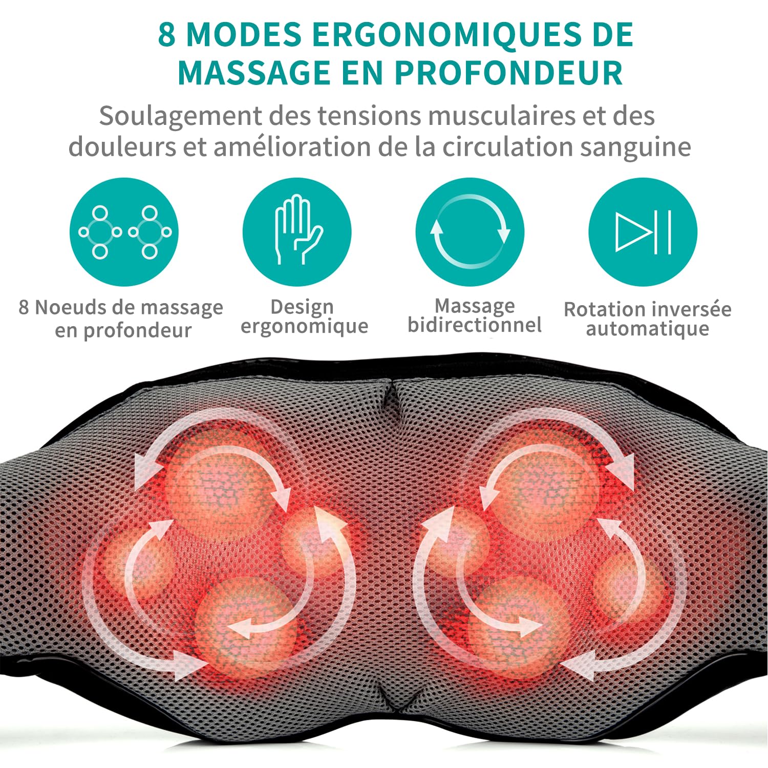 Nekteck Massage du cou et du dos Nekteck Shiatsu, avec chaleur apaisante et oreiller de massage 3D en tissu électrique profond, peut soulager les douleurs musculaires des épaules et du corps