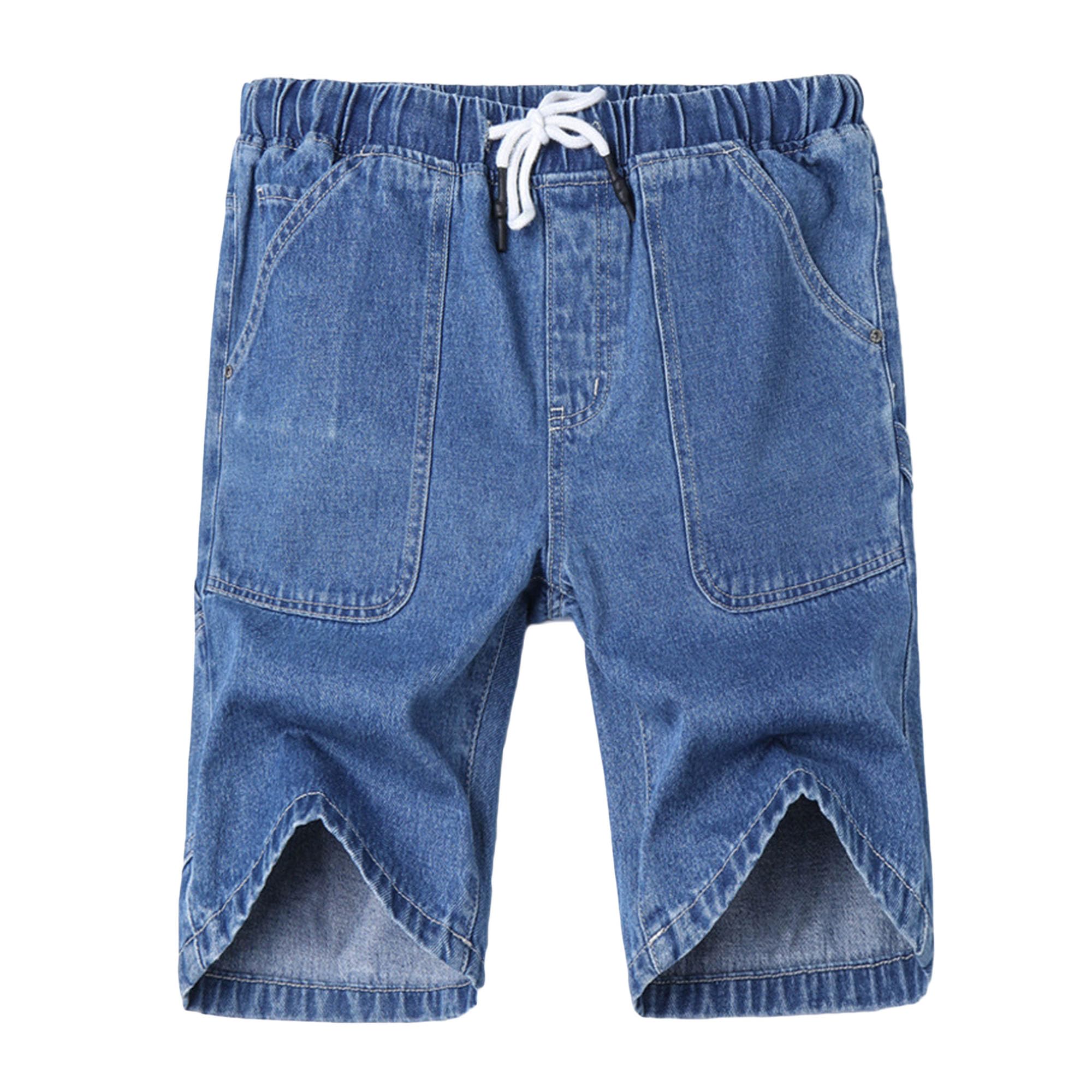 Men's Summer Casual Drawstring Denim Shorts Elastic Waist Multi-Pocket Denim Shorts Classic Straight Shorts Jeans