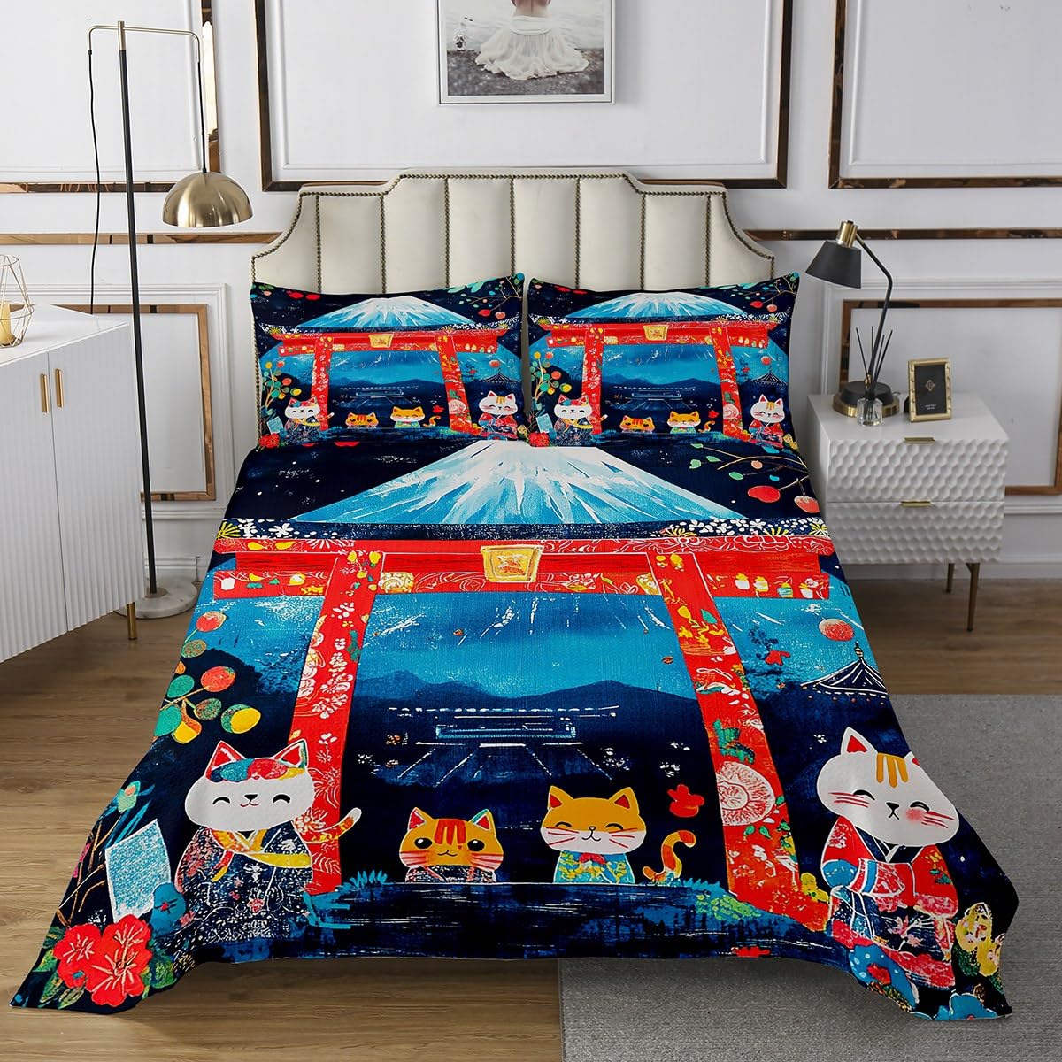 jejeloiu Cute Kitten Bedspread King Size, Fortune Cat Coverlet Set Boys Girls Cats Print Quilted Coverlet Teens Bedroom Decor with 2 Pillow Case