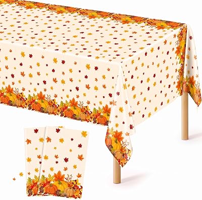 Thanksgiving Fall Table Cloth Plastic - Autumn Harvest Tablecloth Disposable Waterproof Oblong Long Rectangle Table Pumpkin Maple Leaf Decor Party Cover 54ร108 Inches(2 Pcs)