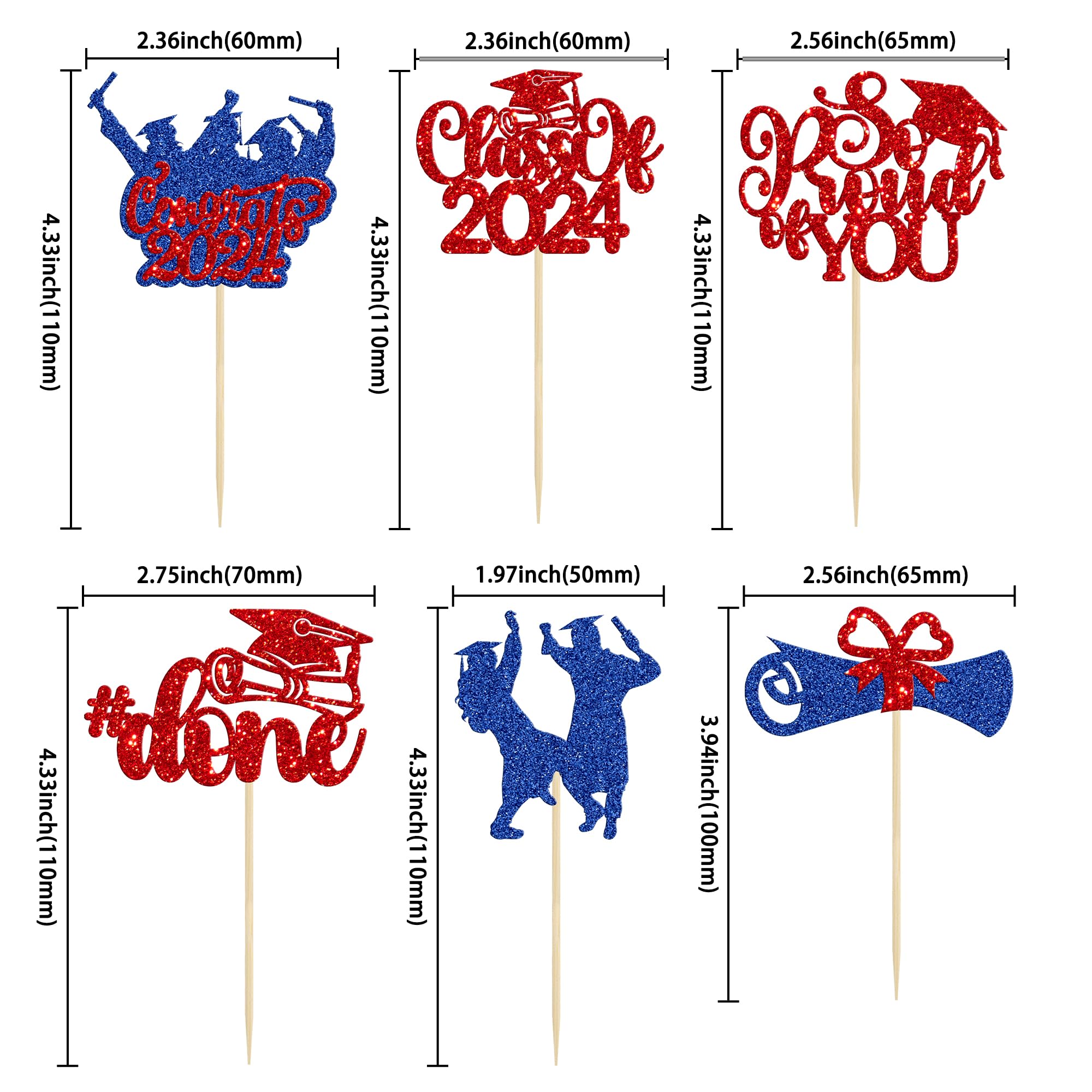 Gyufise 24Pcs 2026 Graduation Cupcake Toppers Glitter Class of 2026 Diploma Congrats Grad 2026 Cake Decorations Cap Cupcake Picks 2026 Graduation Theme Party Cake Decorations Supplies Red Blue - Image 2