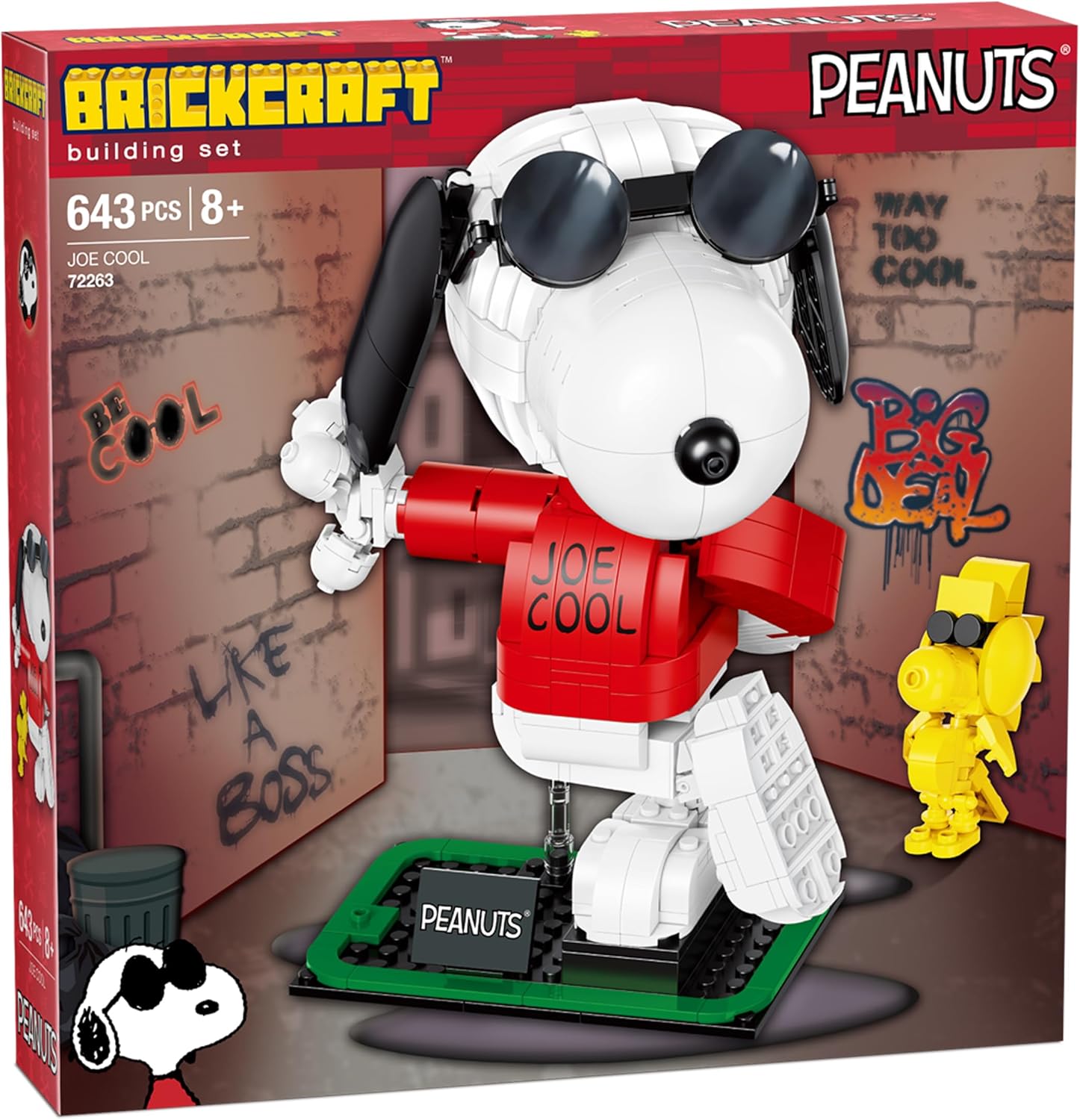 Brickcraft Peanuts Joe Cool Brick Building Kit (643-Piece Set), 2-in-1 Poseable Snoopy Figure with Woodstock, Display Base and Sunglasses, Collectible Display Gift