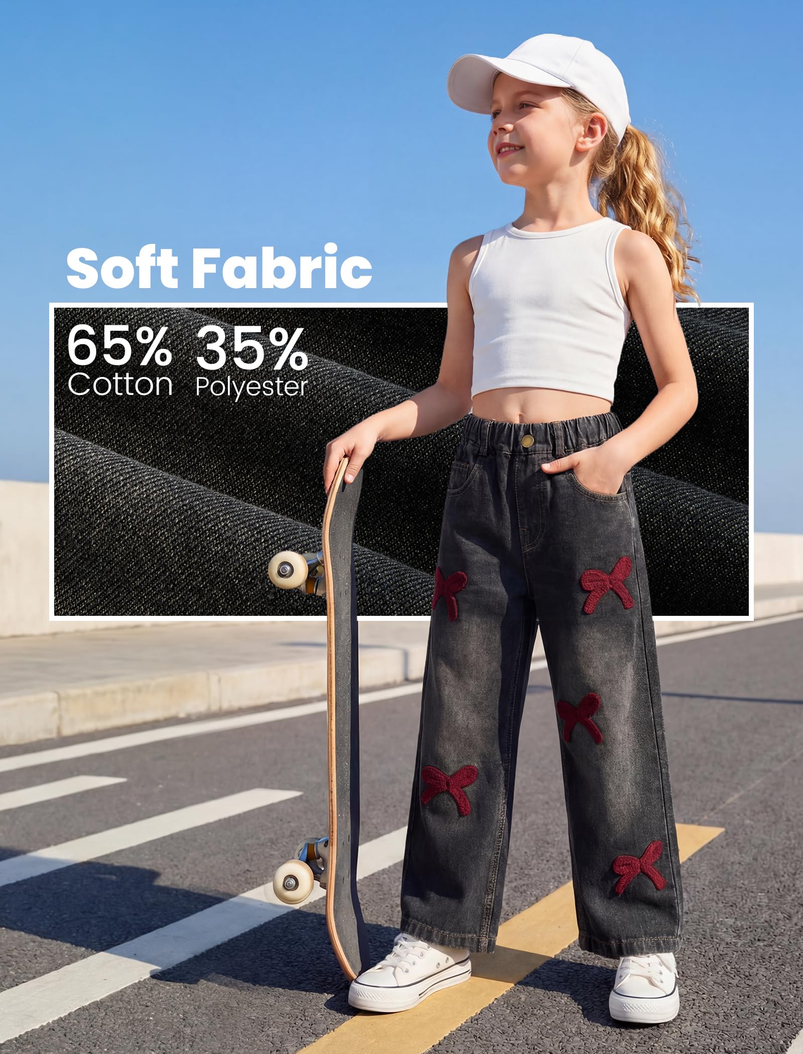 JiAmy Jeans larghi per ragazze con fiocco ricamato 3D, gamba larga elasticizzata in vita retrò Y2k casual pantaloni in denim per ragazze 6-13 anni