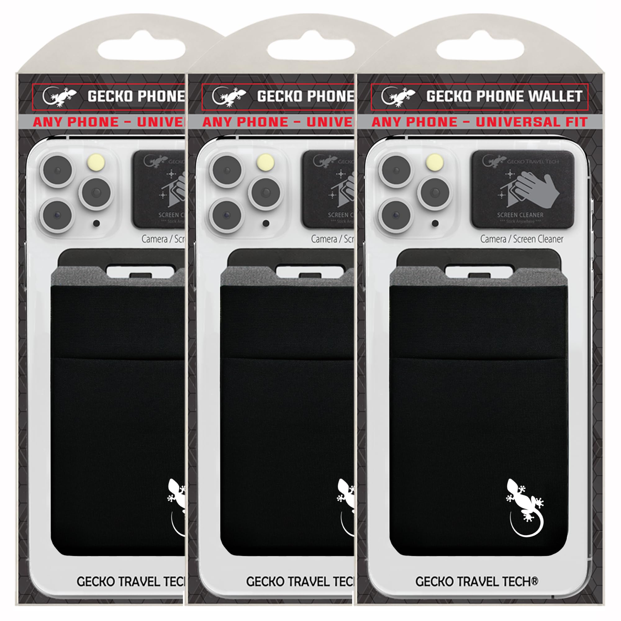Gecko Travel Tech Double Pocket - Adhesive Card Holder - Cell Phone Pouch - Stick on Lycra Pocket - Carry Credit Cards and Cash (3 PACK - BLACK WHITE)
