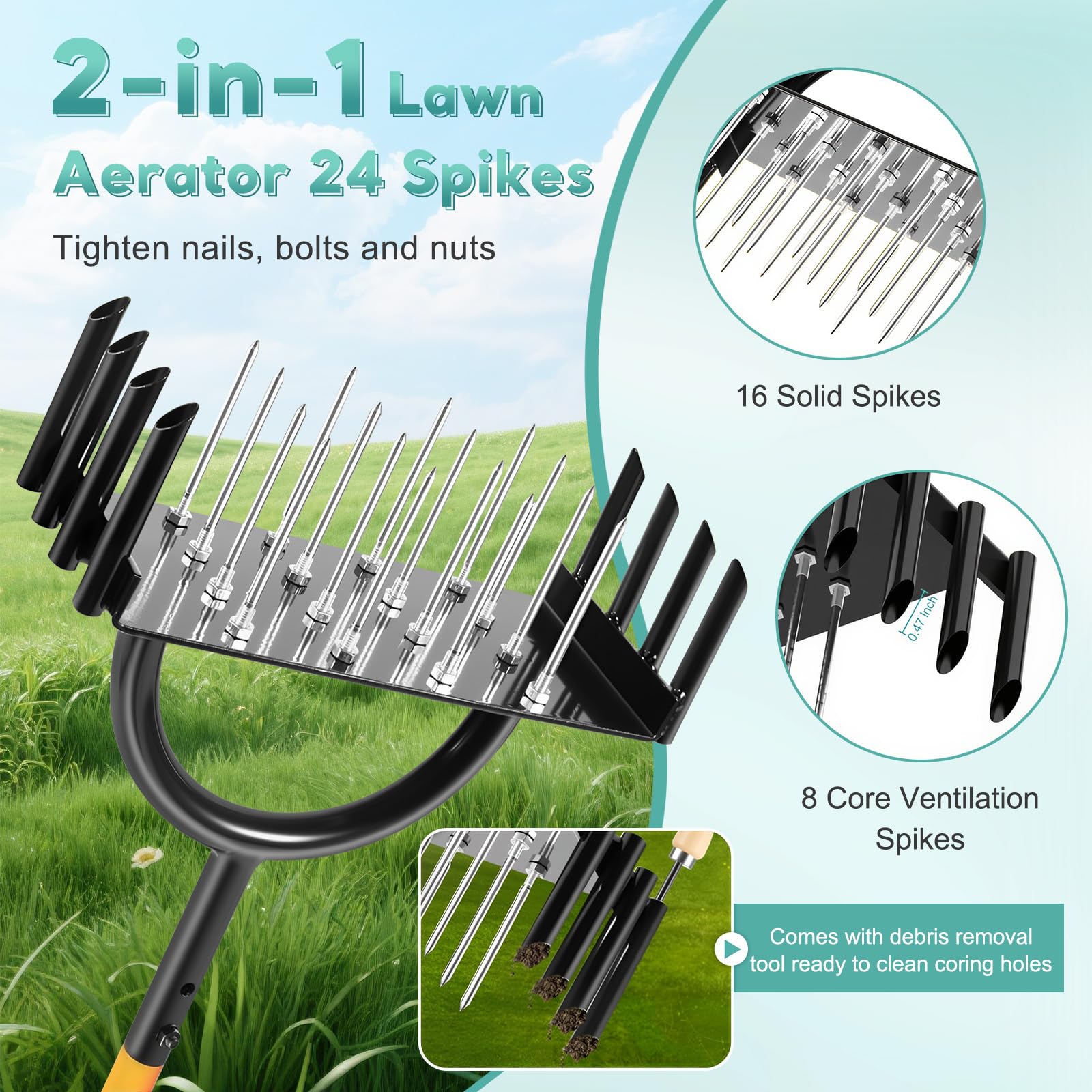 Scarificatore manuale per prato, 2 in 1, aeratore a denti cavi con 16 punte e 8 nuclei, scarificatore leggero da 98 cm e aeratore per la cura del giardino e del cortile