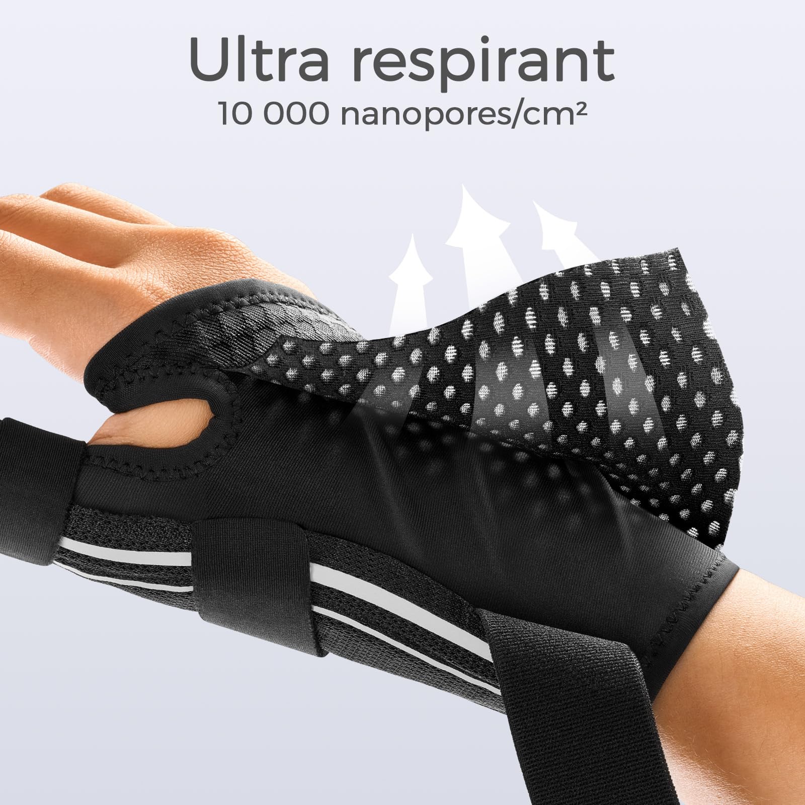 FREETOO Ergonomique Attelle de Pouce Droit ou Gauche pour Tendinite, Arthrose, Rhizarthrose, Ténosynovite de De Quervain, Orthèse de Pouce pour Fracture, Luxation pour Homme & Femme (Blanc/Noir S/M)