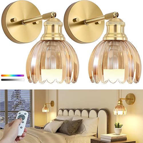Miniatura 1 de VOLISUN Apliques de pared vintage que funcionan con pilas, con pantalla de cristal de tulipán ámbar, juego de dos apliques de pared inalámbricos,