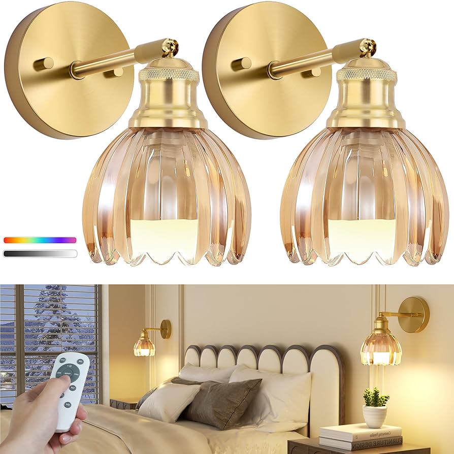 VOLISUN Vintage Battery Operated Wall Sconces, with Amber Tulip Glass Lampshade, Wireless Wall Sconces Set of Two, Rechargeable Battery Powered Wall Lights, Sconces Wall Decor for Bedroom Living Room