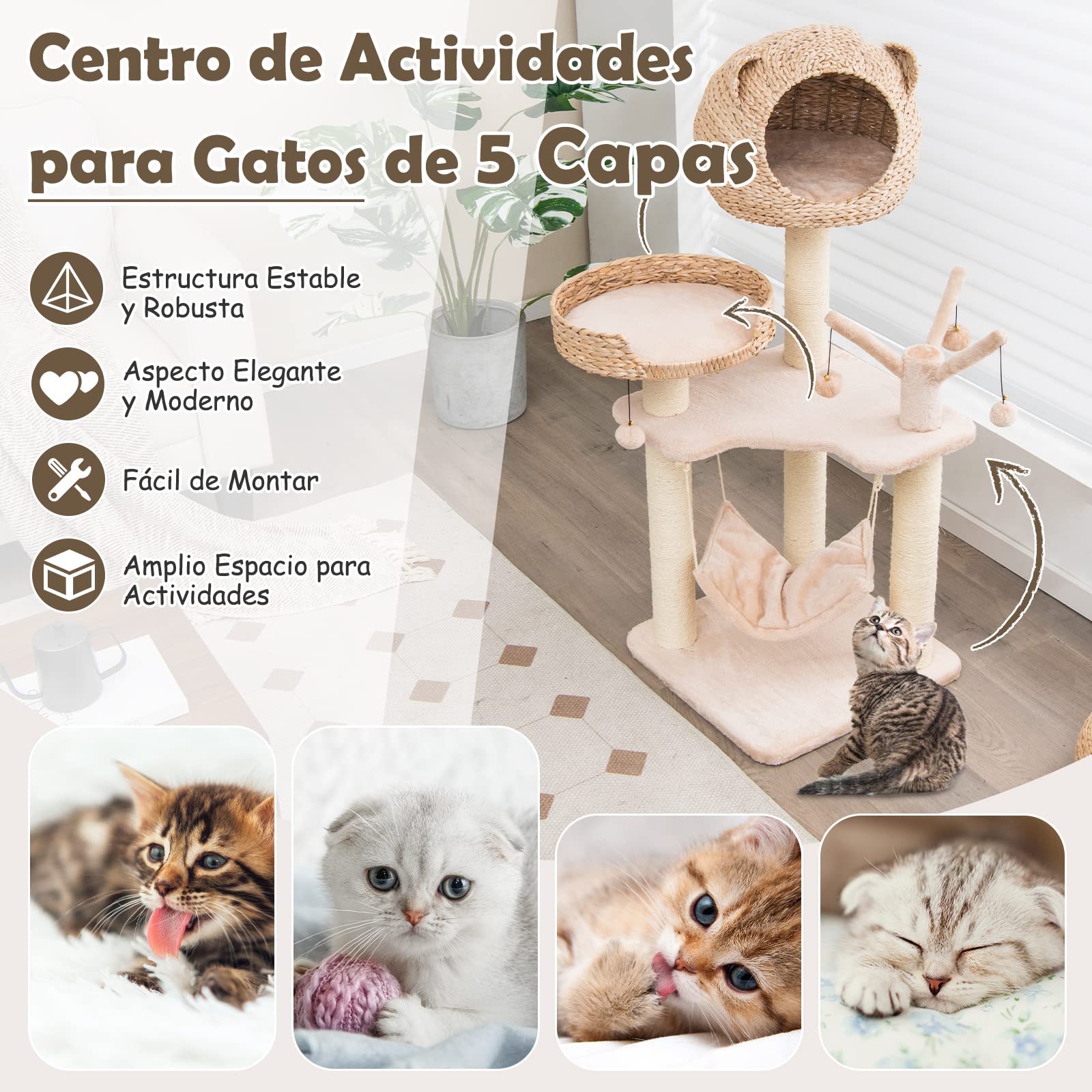 COSTWAY Torre Rascador para Gatos de 121 cm, Centro de Actividades para Gatitos con Condo, Cama, Hamaca, Bolas Colgantes, Postes para Rascar de Sisal, Cojines Suaves, Árbol Rascador Gatos, Beige