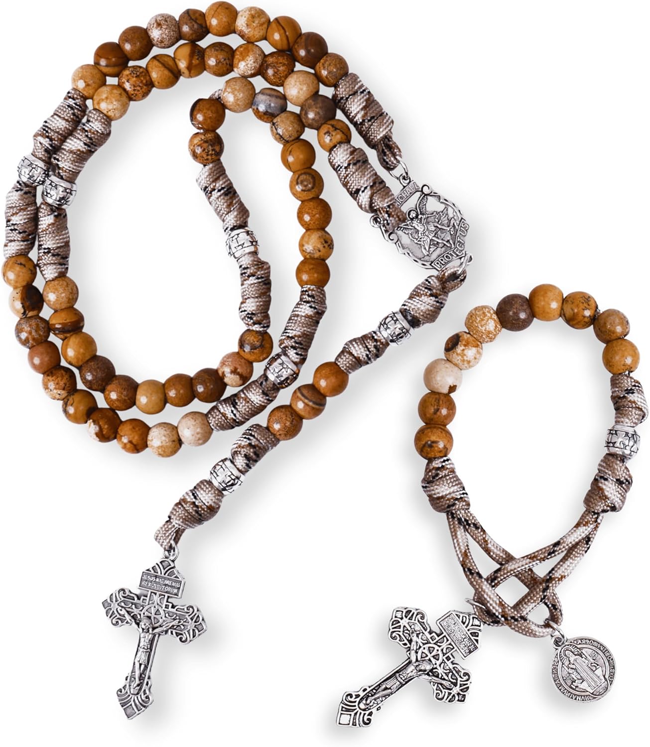 Nazareth Store St Michael Paracord Rosary, Rugged Rosary Necklace and One Decade Heavy Duty Rosary Set, Natural Stone Beads with Catholic Pardon Crucifix