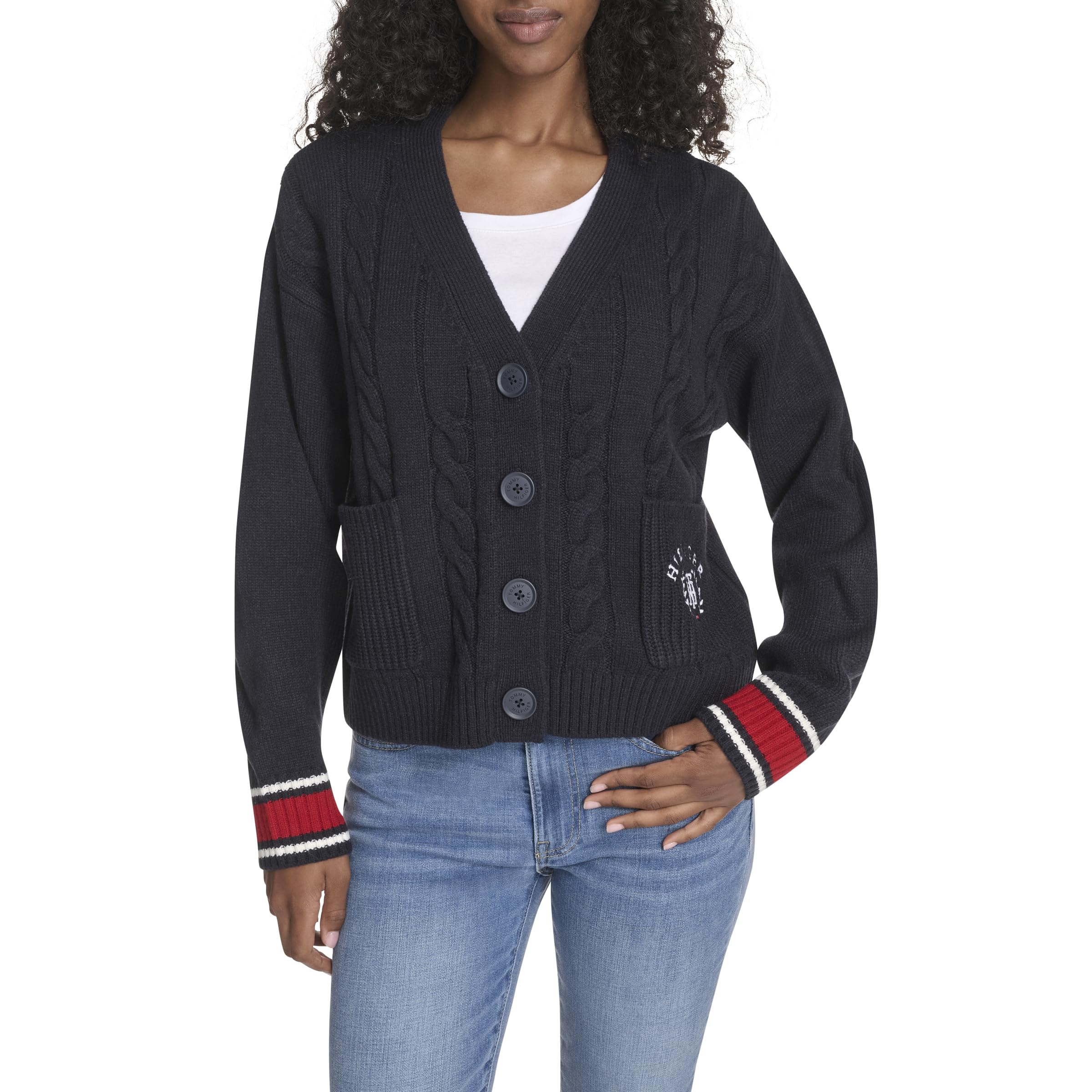 Tommy Hilfiger Women's Boxy Varsity Cable Cardigan, Sky Captain Multi, M