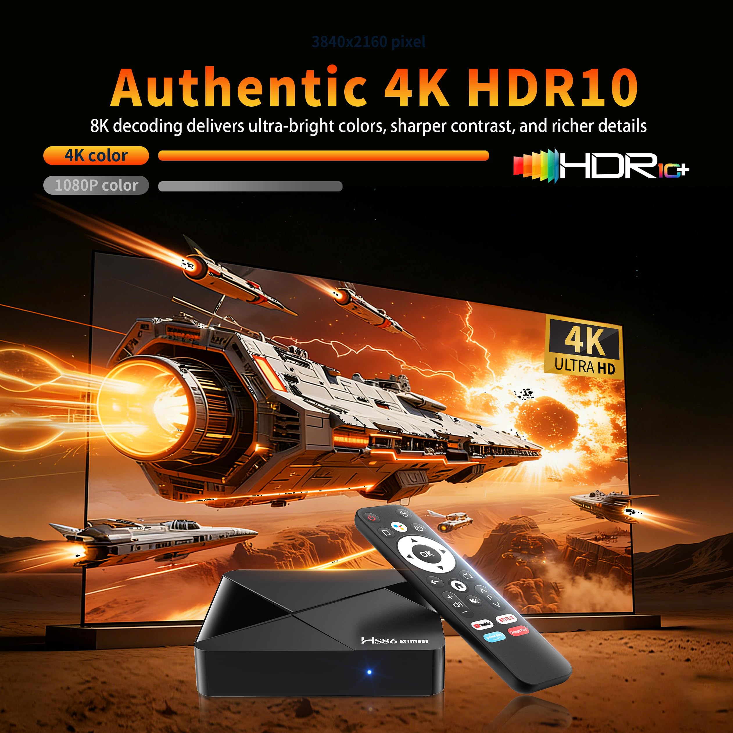 HS86 MINI14 Android 14.0 TV Box 4K 60FPS, UHD Smart TV Box Android 2 Go de RAM 16 Go ROM RK3518 Quad-Core 32 Bits Cortex-A53, 2,4 GHz/5,0 GHz Double Wifi6 10/100 M LAN Enternet Bluetooth 5.4 USB3.0